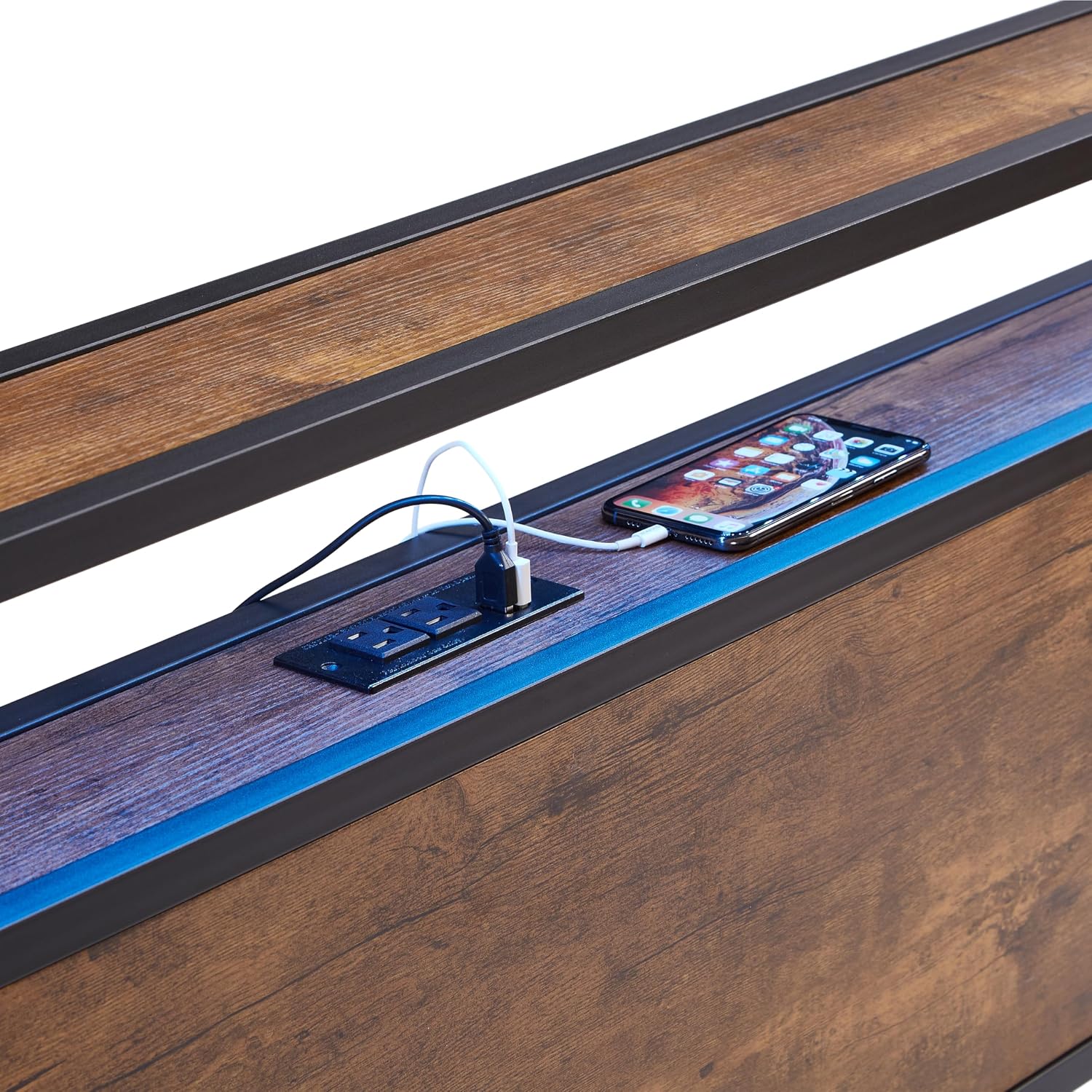 Close-up of USB ports and LED strip on headboard