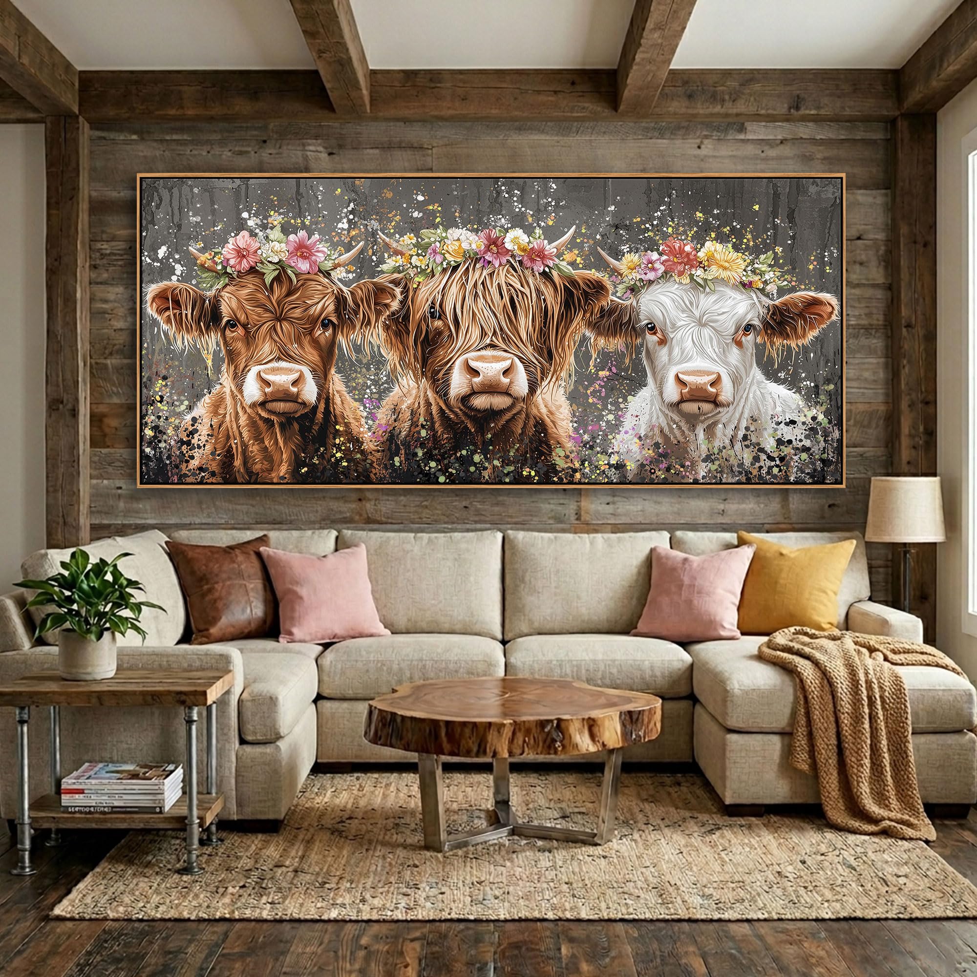 AJAZIKO Highland Cow Wall Art - Farmhouse &amp; Rustic Country Wall Decor, Large Canvas Pictures for Living Room, Above Bed Artwork for Walls - Western Decorations