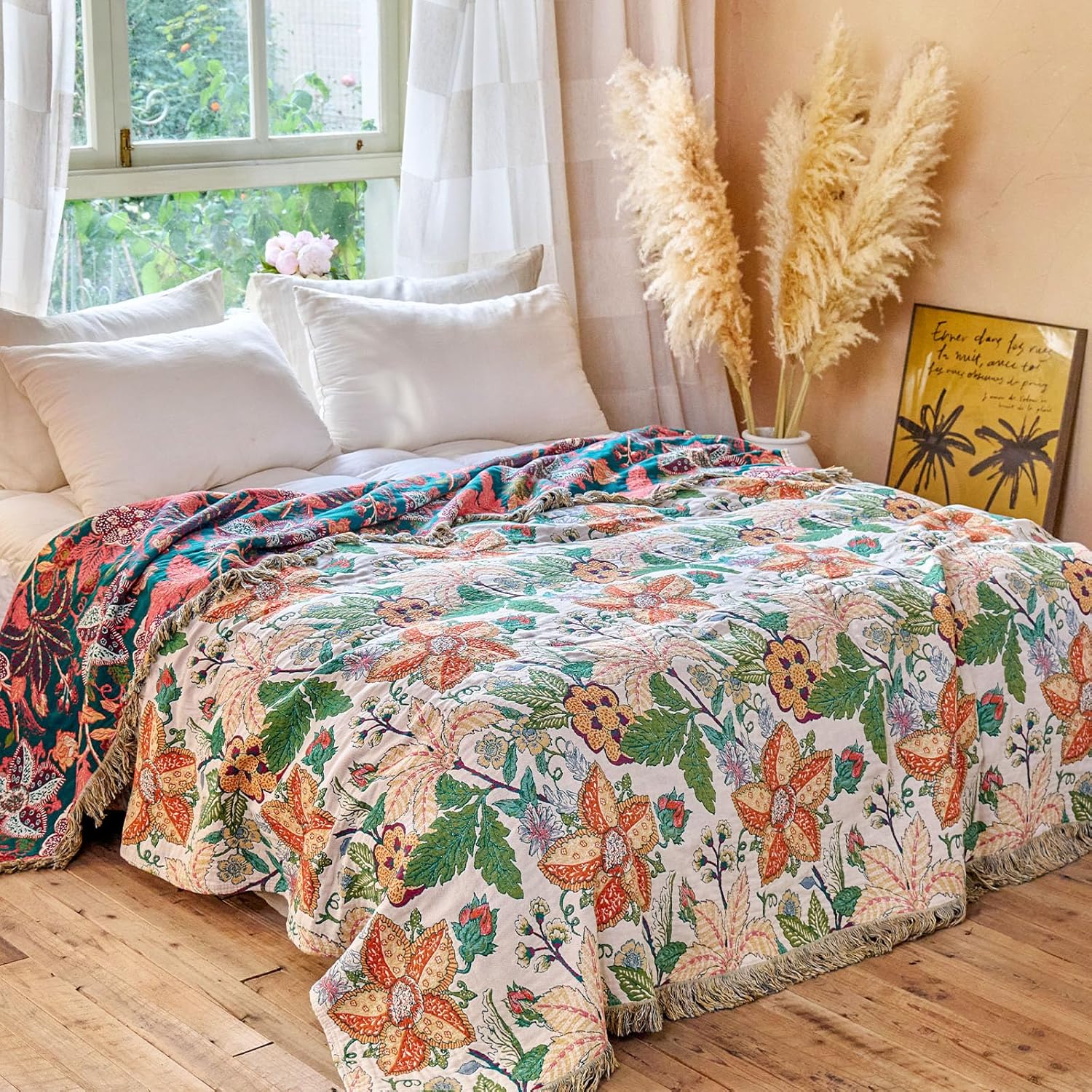 MSGKV Boho Throw Blanket for Bed Twin Size 100% Cotton Floral Blanket 60"x80" Lightweight Farmhouse Muslin Breathable Couch Blankets Home Decor All Seasons - Image 5