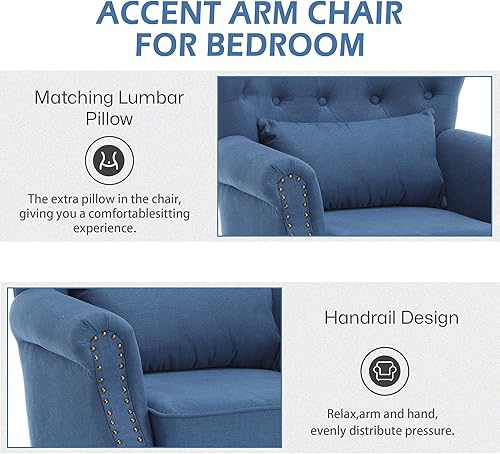 Miniatura 4 de KCC Sillón de lectura moderno de mediados de siglo, silla de club tapizada con respaldo copetudo, patas de madera de goma y almohada lumbar, color