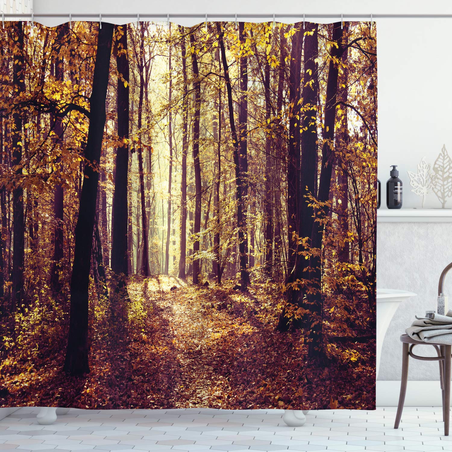 ABAKUHAUS Forest Shower Curtain, Mysterious Atmosphere Misty Woods Tree Nature Landscape Image, Cloth Fabric Bathroom Decor Set with Hooks, 70 Inches, Pale Yellow Dark Orange