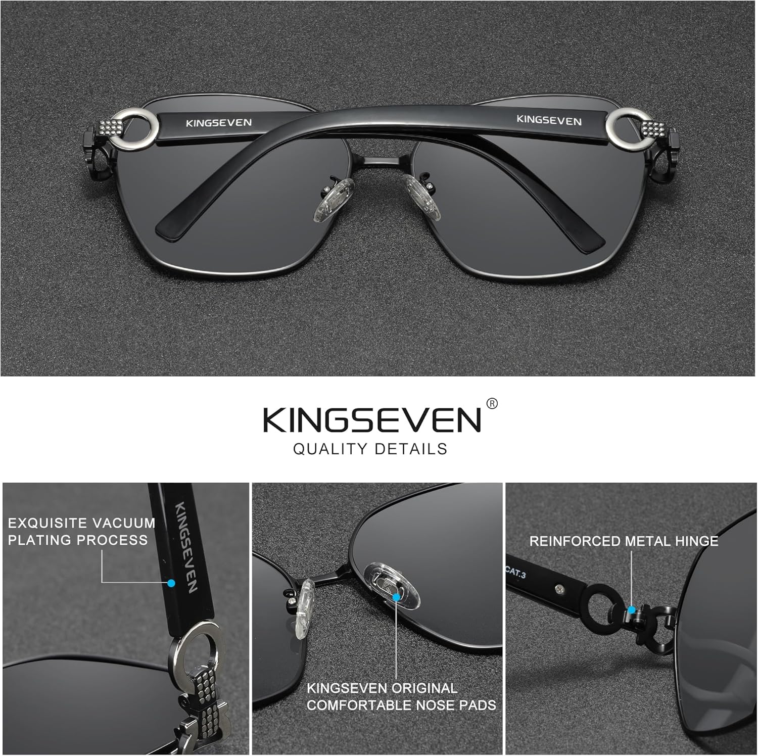 KINGSEVEN Polarized Sunglasses for Women Vintage Elegant Large Butterfly Sun glasses UV400 Protection K7898 (C3-Black Silver)