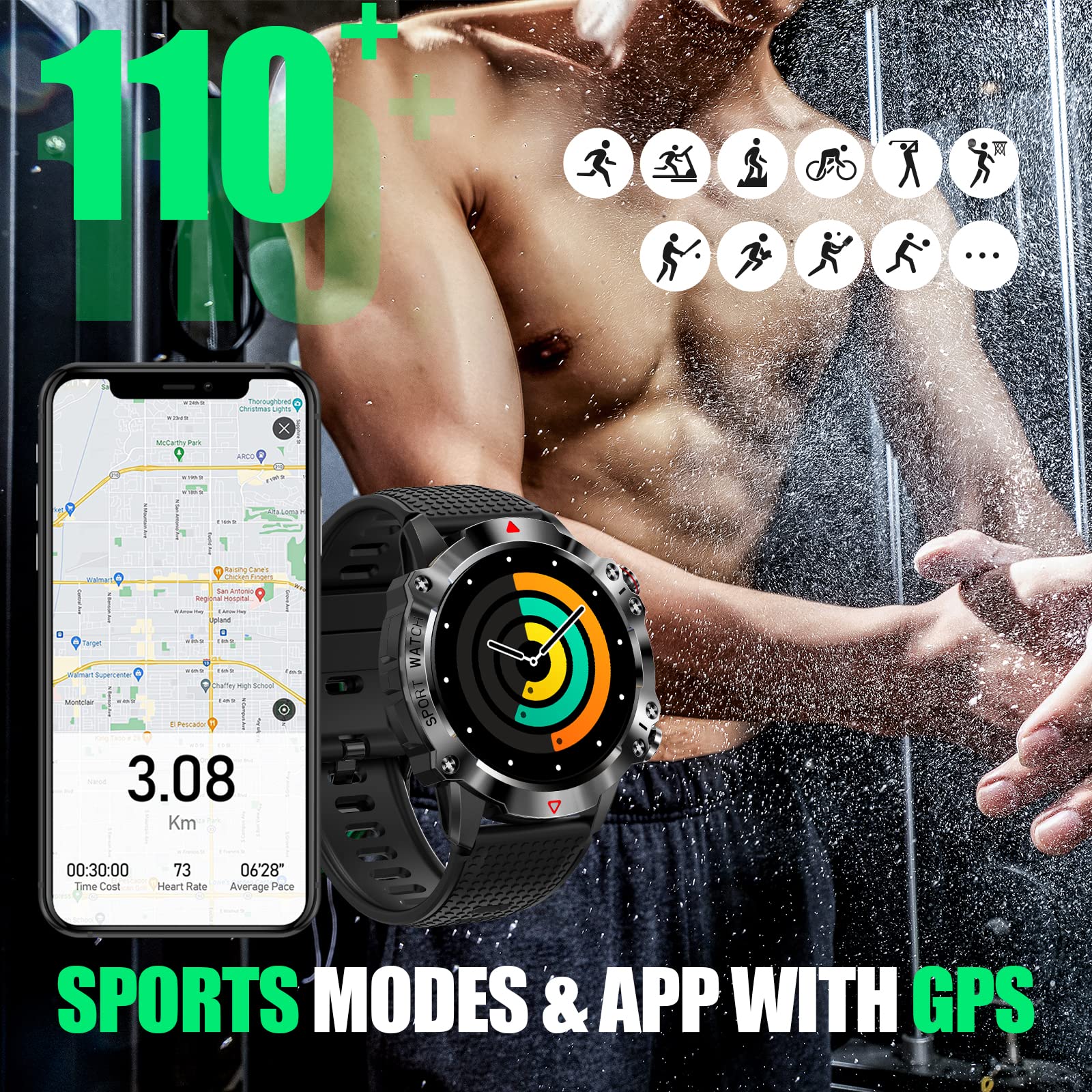 JELLOO Smart Watch militare da uomo, 1,39 pollici HD Bluetooth Chiamate Smartwatch per iPhone Android, IP68 Impermeabile Fitness Tracker Orologio con Frequenza Cardiaca, Monitoraggio del sonno, 100+
