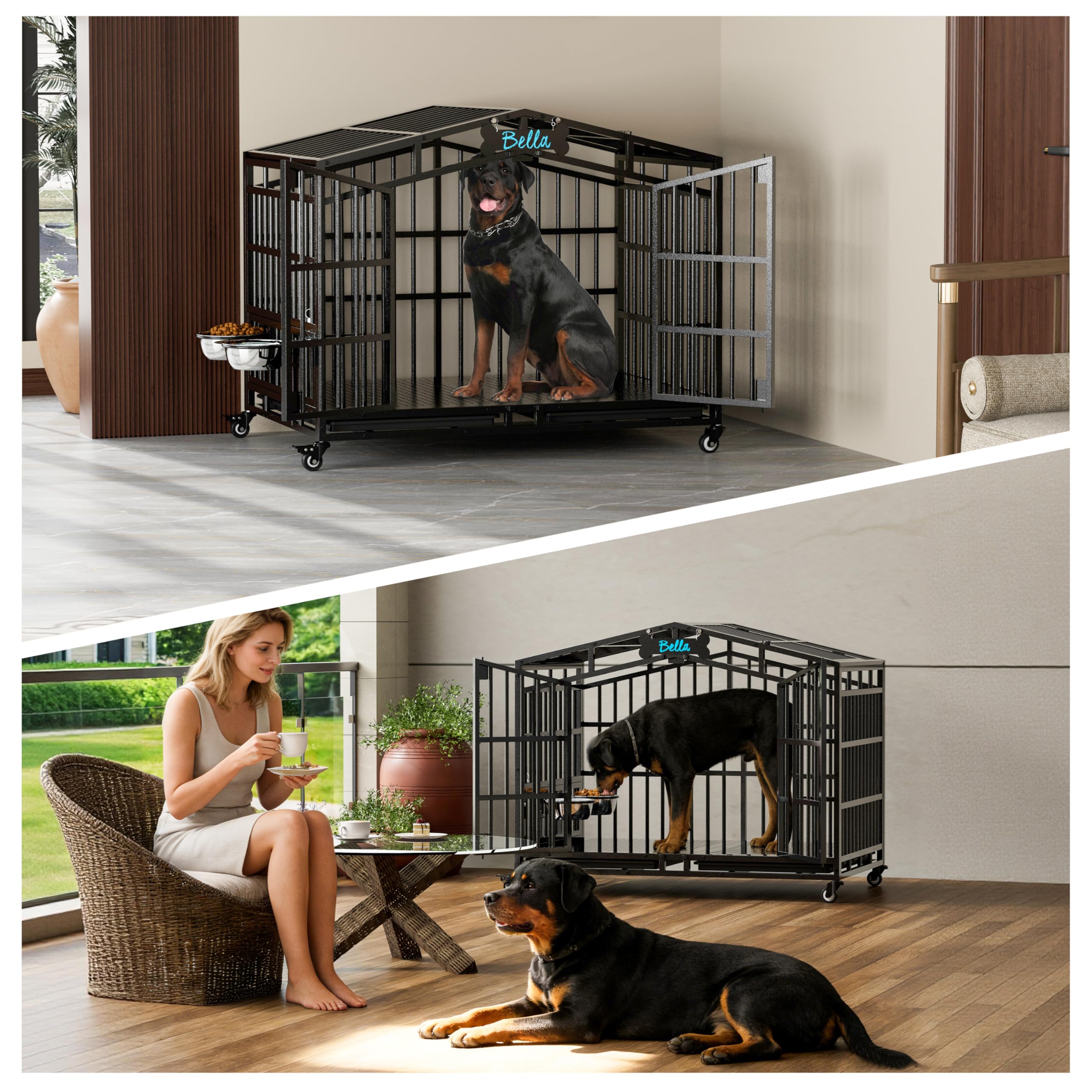 105cm XL Metall Große Hundekäfig Möbel, Extra Dickes Metall Hundebox für Zuhause mit 2 Hunde Näpfen & Namensschild, Offener Oberseite & 360° Rollen, Kau-/Ausbruchsicher - 105x65x88cm