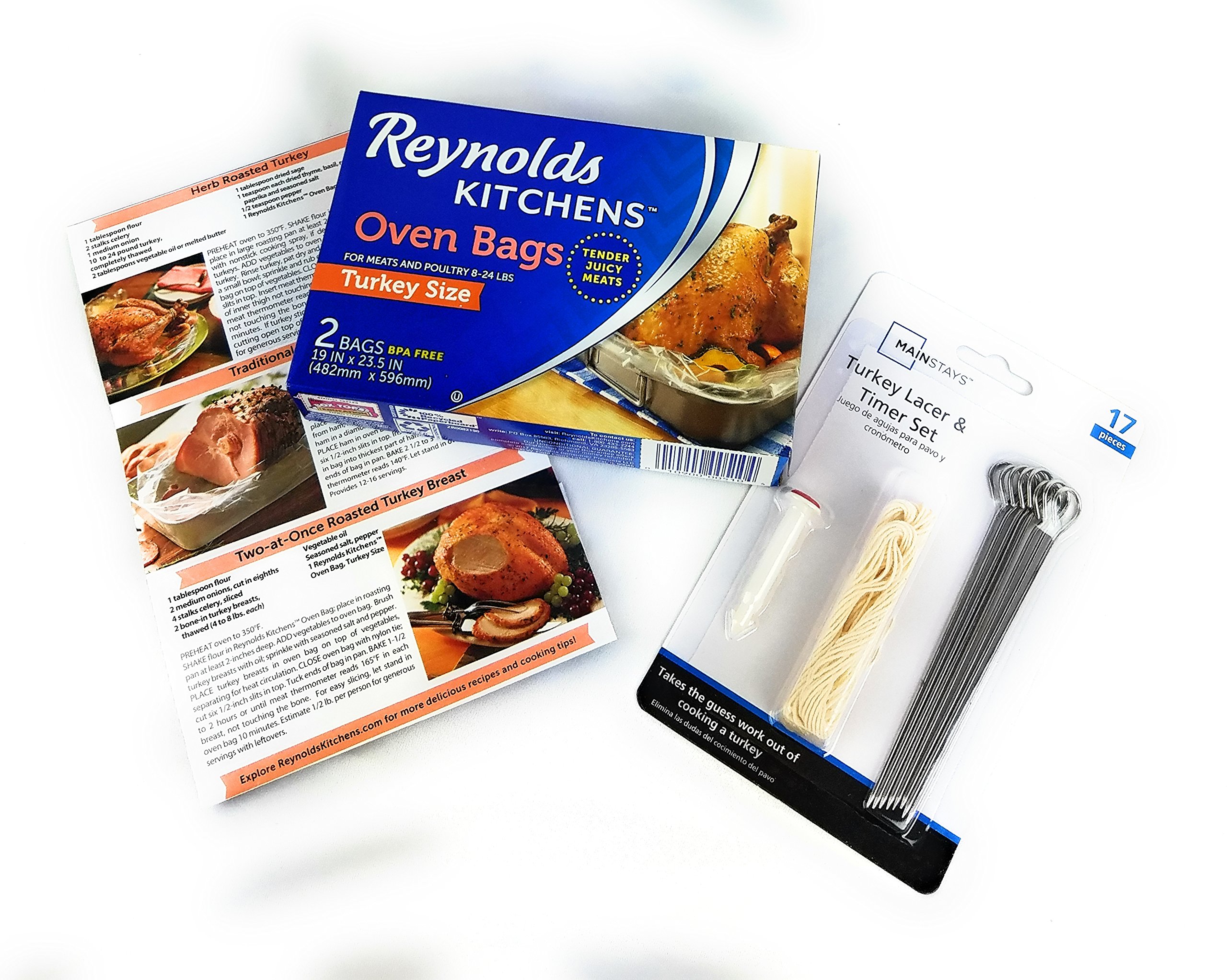 Turkey Oven Bag & Roasting Kit - Reynolds Turkey Cooking Bags with Lacer Twine Popup Thermometer Recipe Instructions - Bundle of 20 Pieces Good for Chicken Ham & other Meats