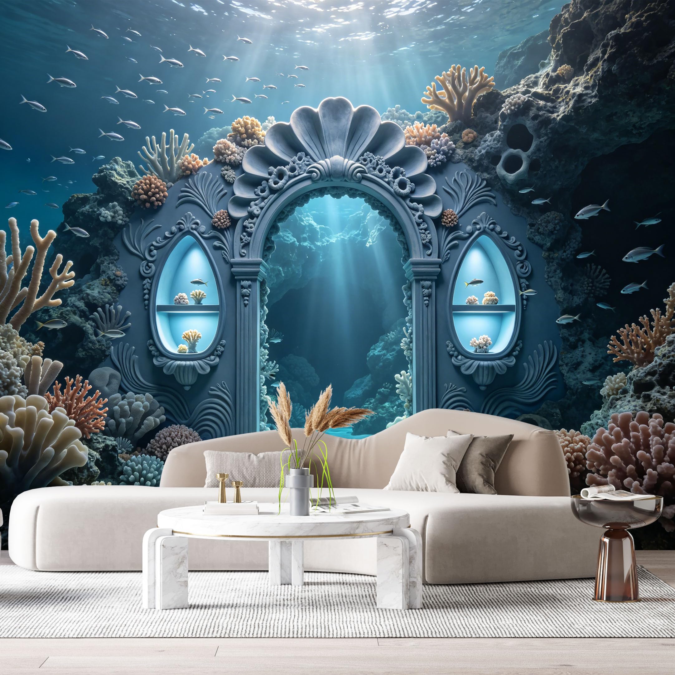 Custom Size Wall Murals Ocean/Marine Coral Reef Archway 3D Trompe L'Oeil SelfAdhesiveWall Fabric Removable Wallpaper Wall Decor for Living Room Bedroom Bathroom