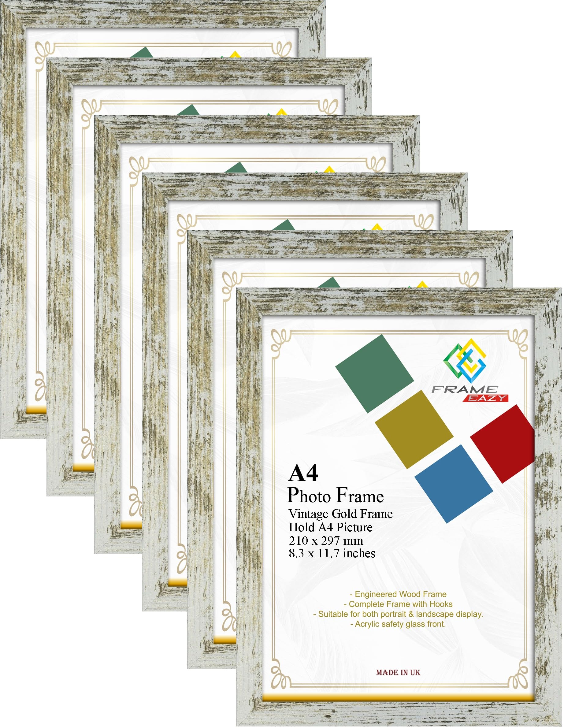 FRAME EAZY Vintage Gold Modern A4 Photo Frame Multipack of 6 in Size 29.7 x 21cm Picture Frames - A4 Certificate Frame - Vintage Gold Frame with Clear Perspex Sheet & Wall Mounted Hooks - Box of 6
