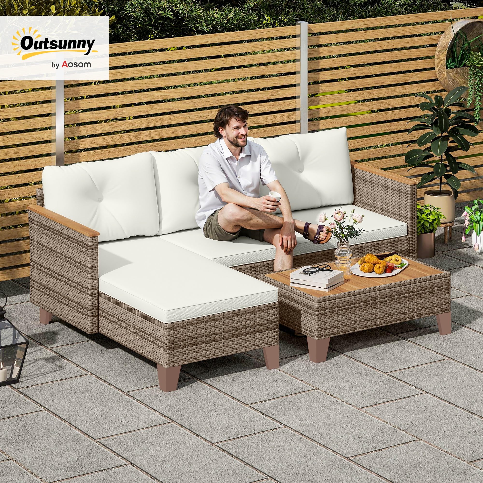 Set Giardino Outsunny 3 Pezzi - Divano, Chaise Longue E Tavolino In Rattan, Grigio Chiaro - Foto 11