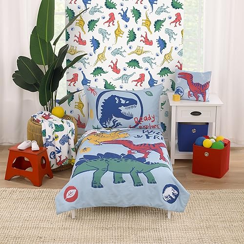 NoJo Universal Jurassic World Wild and Free - Juego de ropa de cama infantil de 4 piezas con diseño de dinosaurio azul, verde y amarillo, edredón,