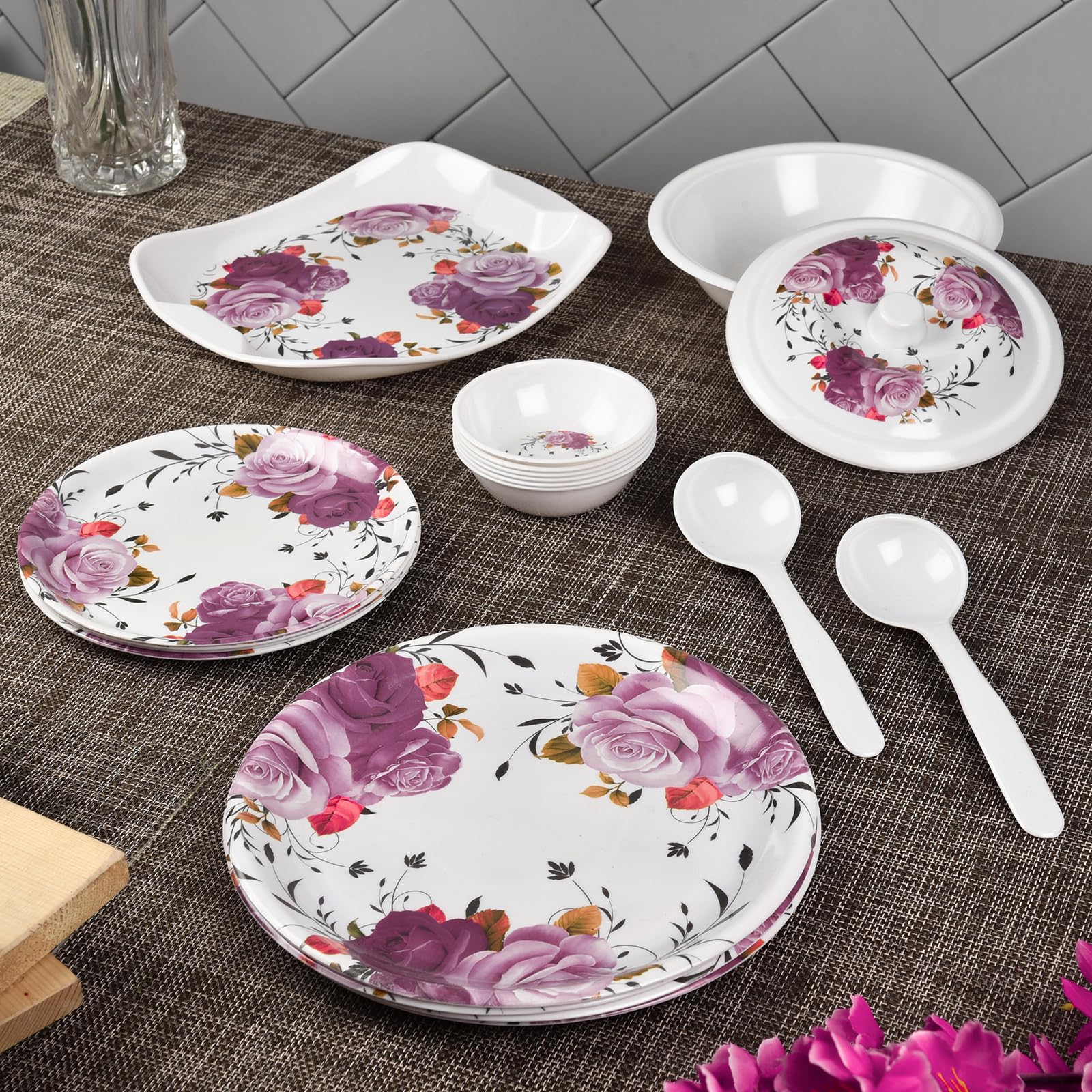 DH Discovery 40 Pieces Melamine Dinner Set - Elegant, Break & Stain Resistant, Designer Crockery Dinnerware for Your own Home Kitchen or Gifting (White, Purpel) (B0DGDNQTBC) Amazon Price History, Amazon Price Tracker