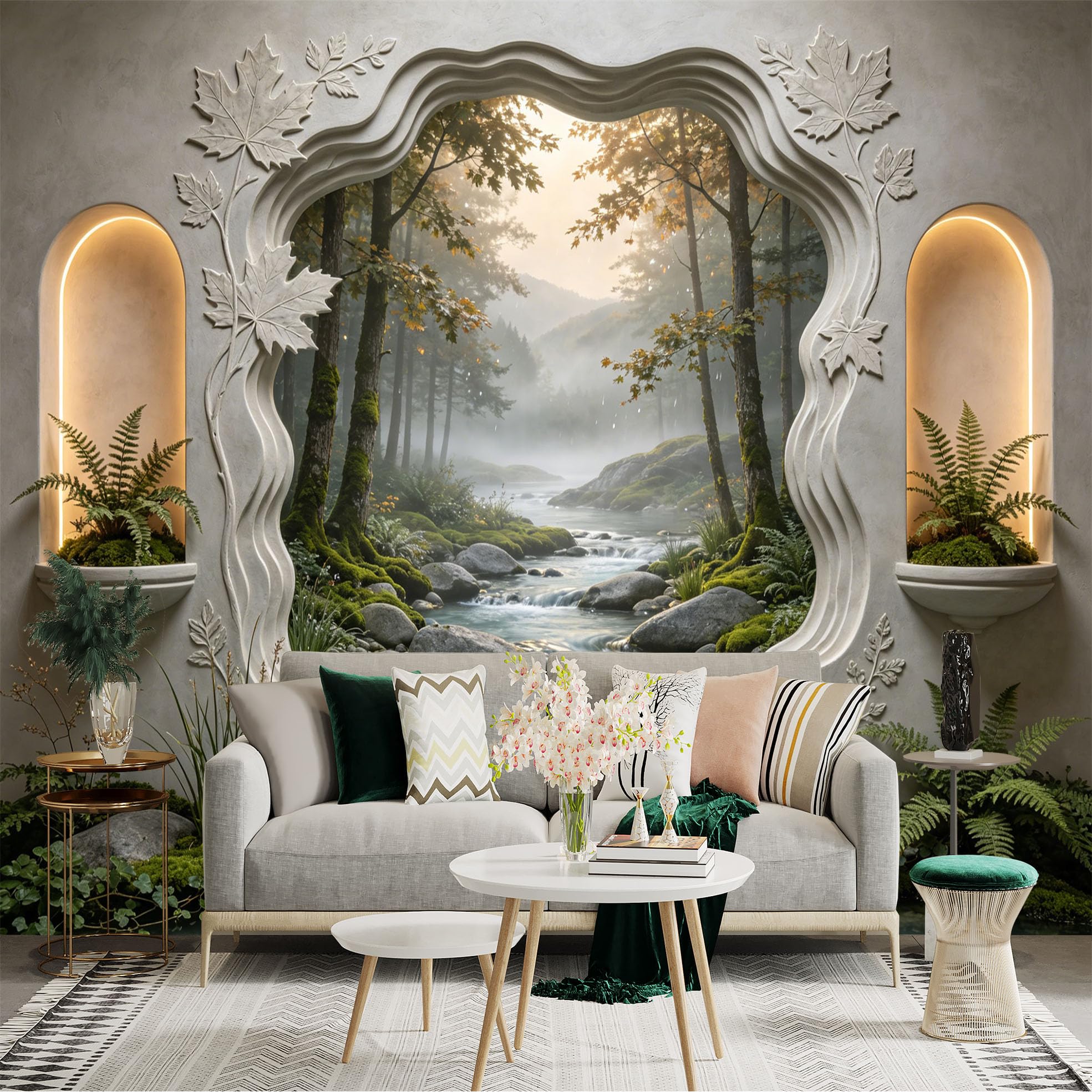 Custom Size Wall Sticker Mural， Forest River Stream with Misty Mountains and Stone Archway， for wall Decoration， peelandstick wall Decals.