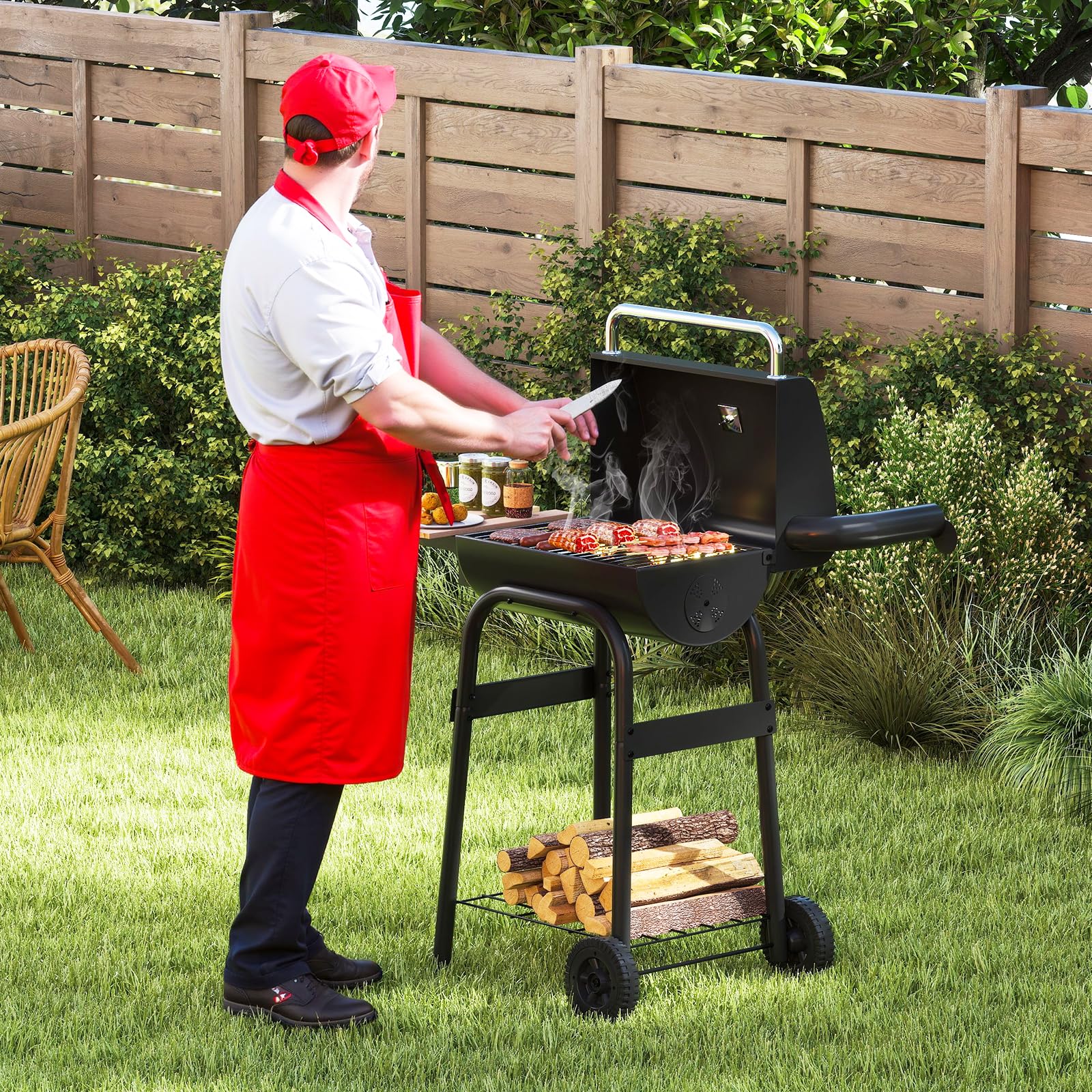 GOPLUS Parrilla de Carbón Portátil, Barbacoa al Aire Libre con Termómetro y Mesa Lateral Plegable, Estante de Almacenamiento y Ruedas para Patio Jardín Camping Picnics