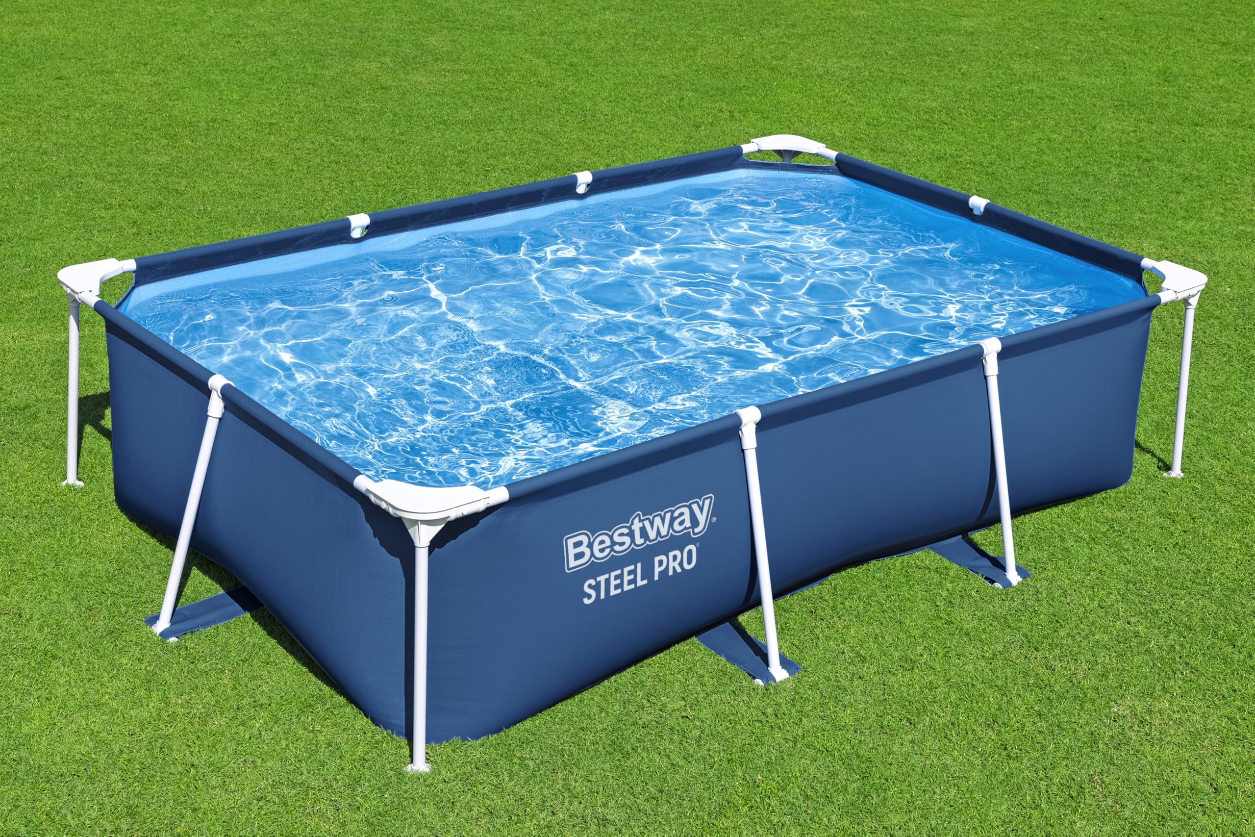 Bestway Steel Pro Frame Pool rechteckig 259 x 170 x 61 cm 2.300 Liter TriTech-Material FrameLink System korrosionsgeschützter Stahlrahmen dunkelblau