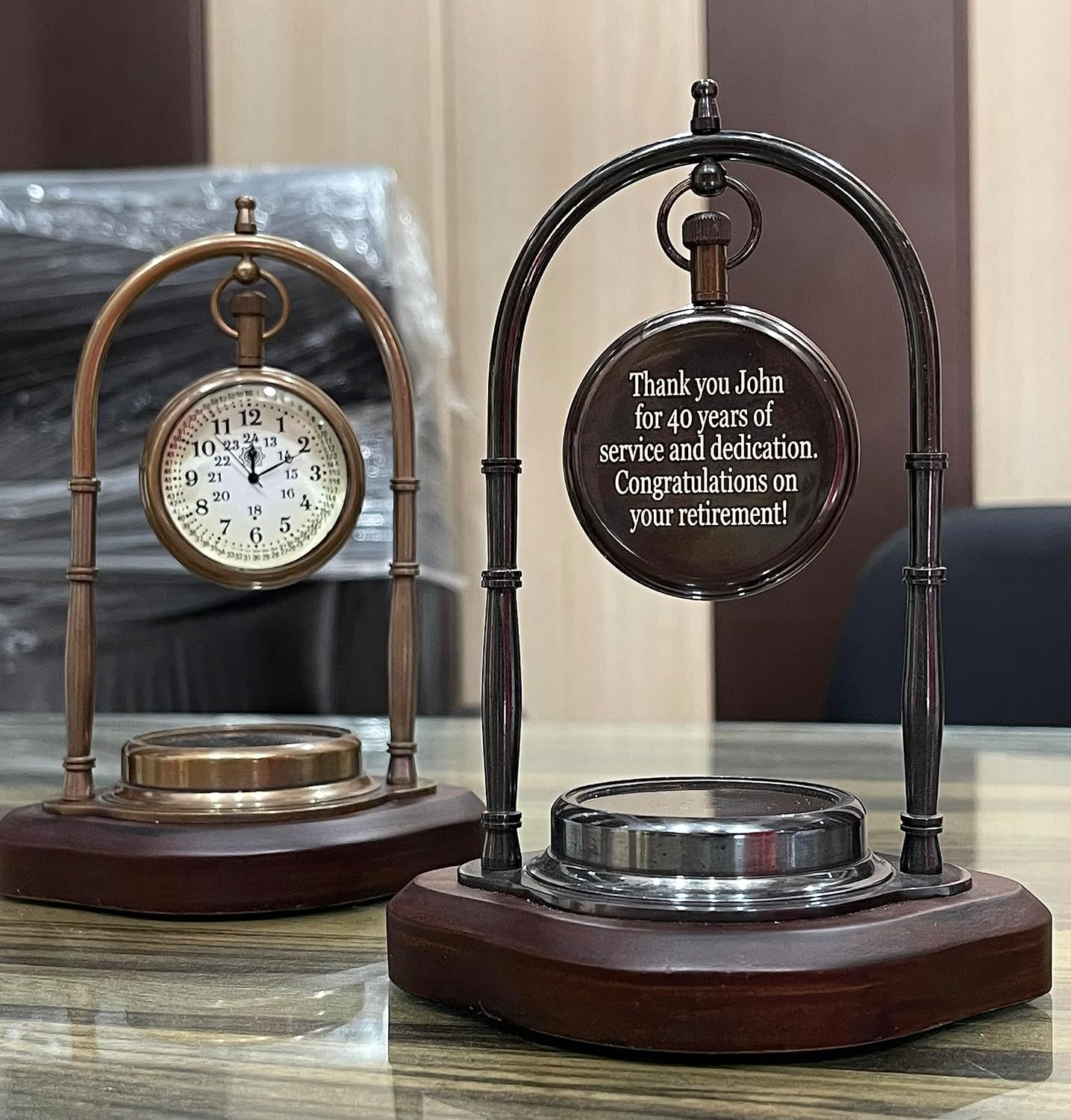 Royalmart Table Clock with Compass Personalized Engraved Compass Retirement Gift, Handwritten Working Compass with Clock, Retirement Gift (Black Finish)
