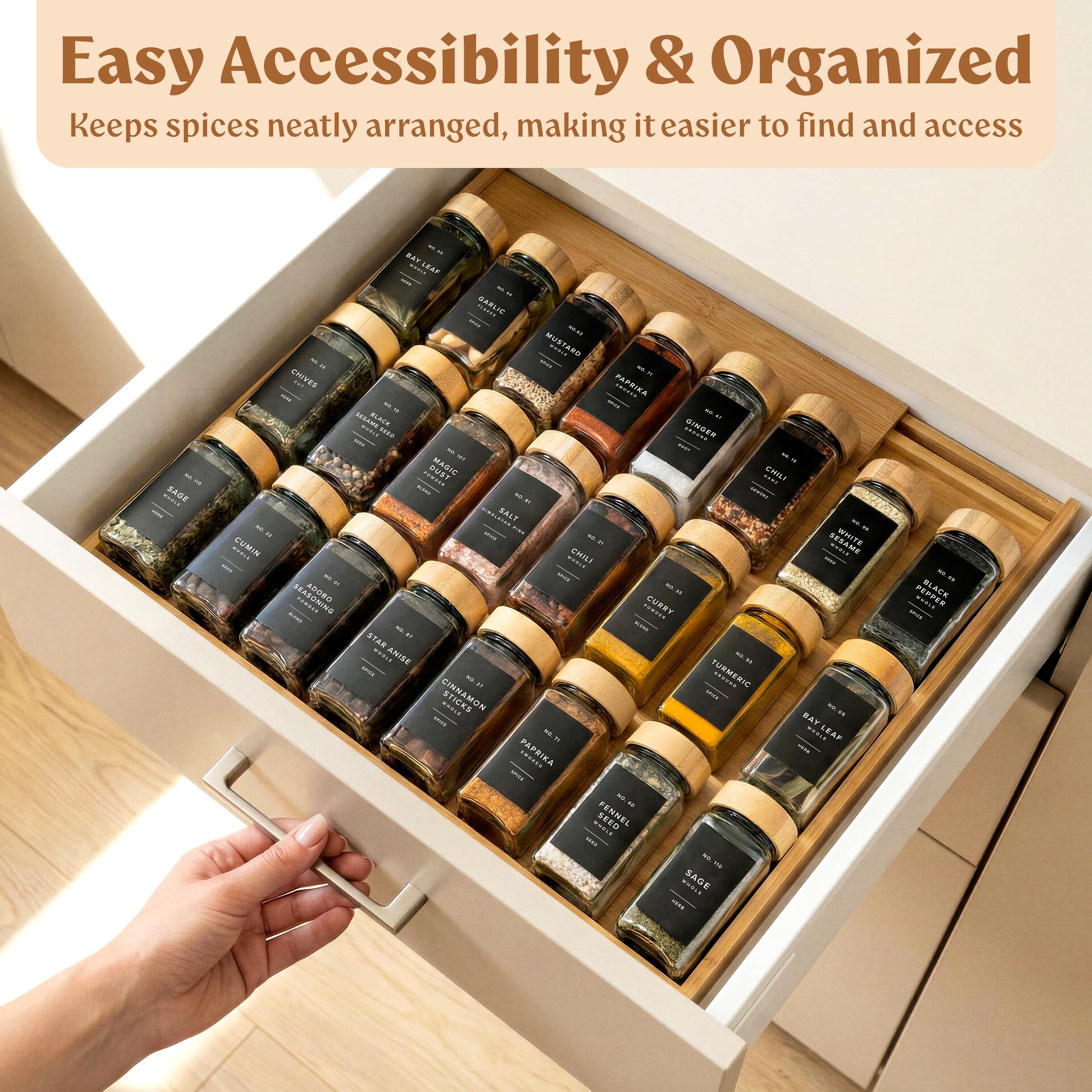 EDELHAUS Bambusowy organizer do szuflad na przyprawy – rozszerzalny 4-poziomowy stojak na przyprawy (potrzeba głębokości 30 cm do 61 cm szerokości, organizer na przyprawy, wkładka do stojaka na