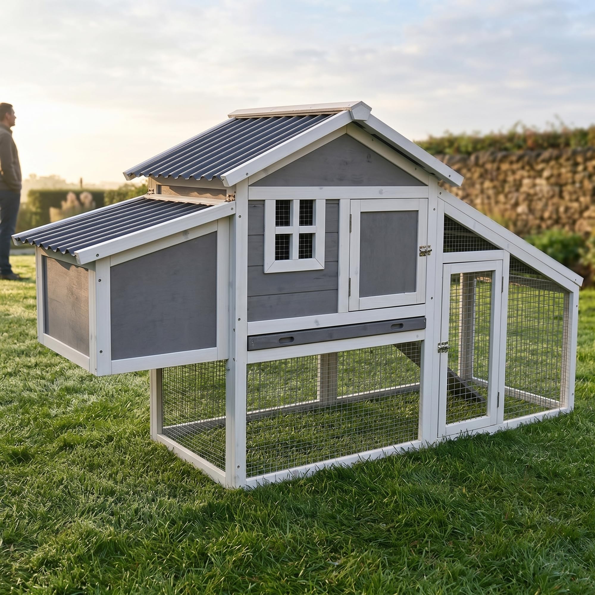 Mucola Hühnerstall Hühnerhaus mit Legenest und Auslauf 176x102x66 cm Holz | Herausnehmbare Kotschublade mit Zinkblech, Eiablage außen zugänglich, wetterfest imprägniert, Weiß-Grau, Geflügel, Hasenstall