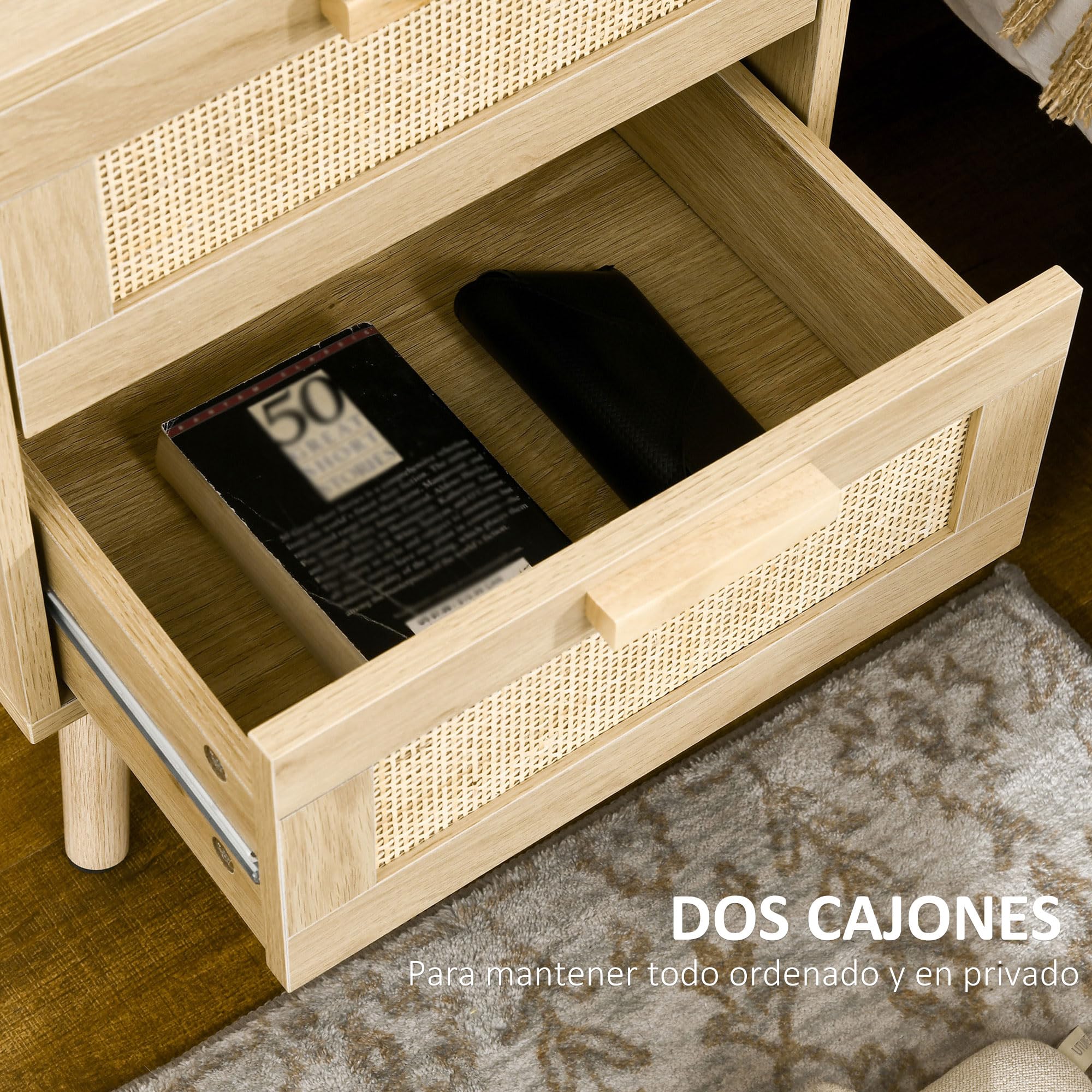HOMCOM Mesita de Noche de Diseño Boho Mesilla de Noche con 2 Cajones de Rejilla y Patas de Madera para Salón Dormitorio 40x40x56 cm Natural