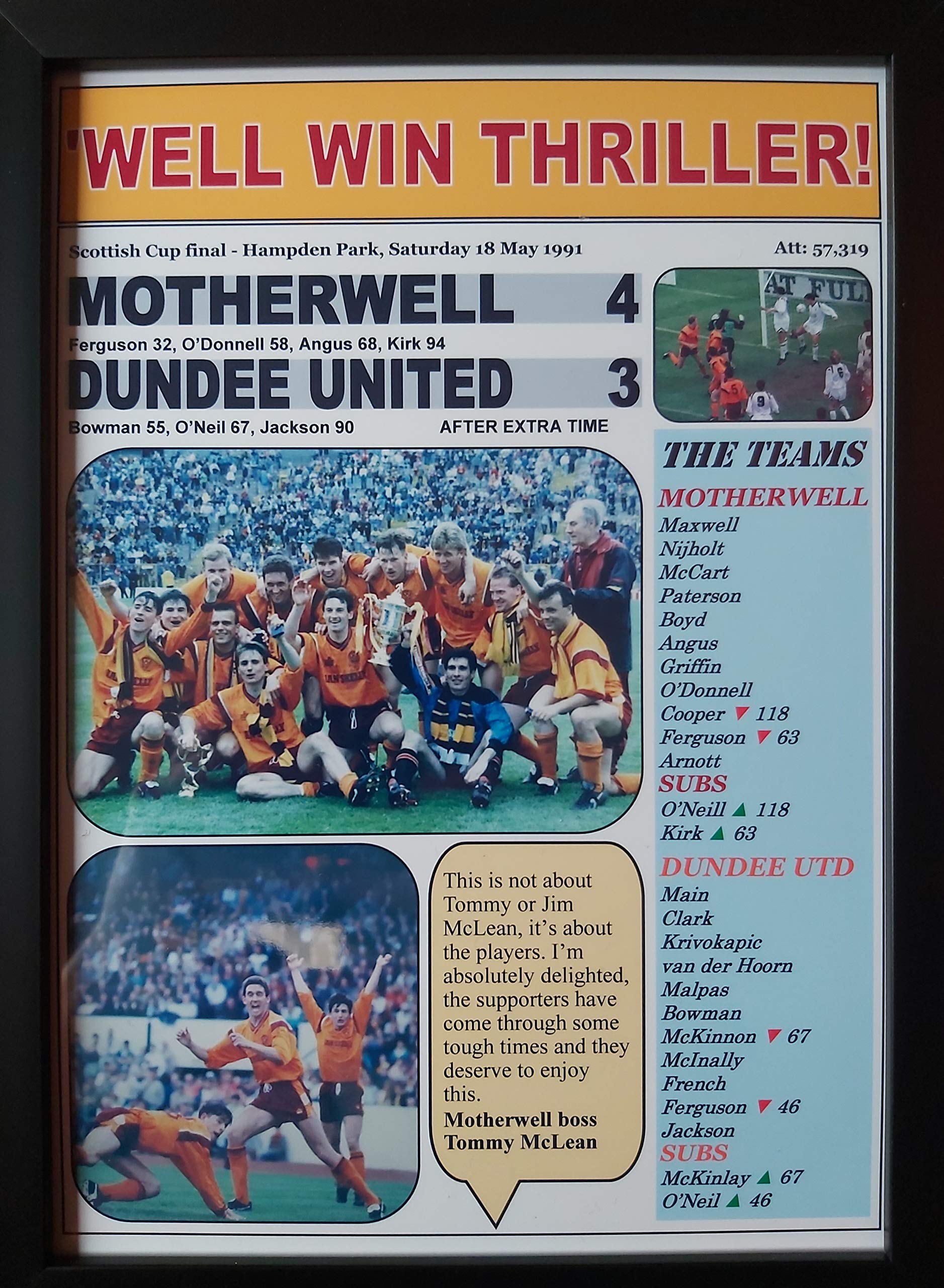 Sports Prints Uk Black Motherwell 4 Dundee United 3-1991 Scottish Cup Final - Framed Print