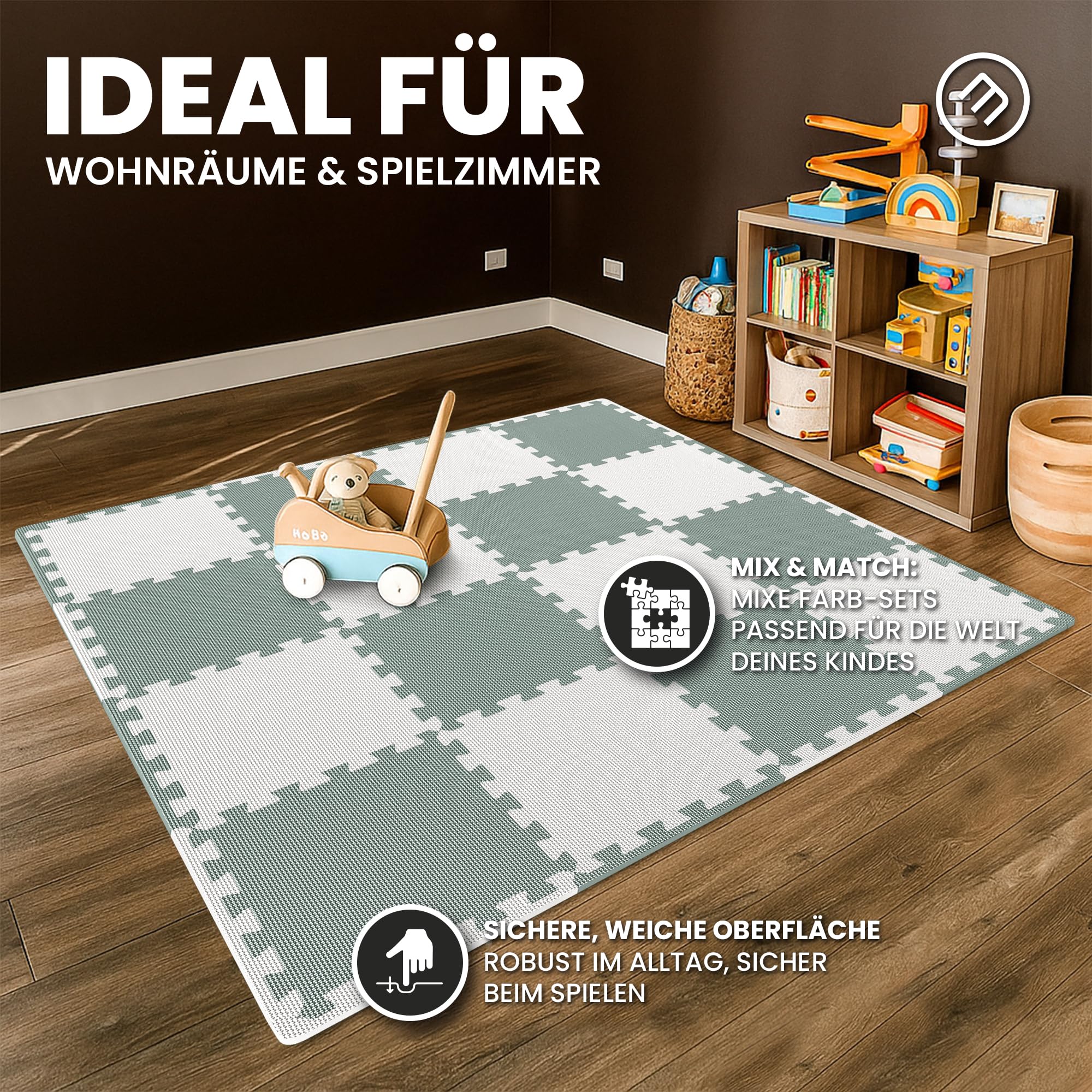 bemaxx Bodenschutzmatte Spielmatte Turnmatte Fallschutzmatte Schaumstoffmatte Yogamatte Gymnastikmatte Sportmatte Fitnessmatte Trainingsmatte Poolmatte Bodenmatte - 54 Puzzlematten, Sage Grey Duo