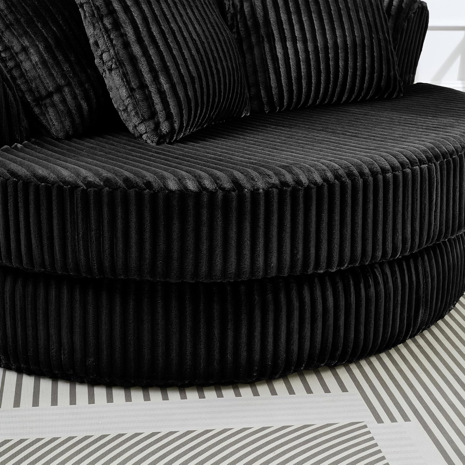 SLEERWAY Oversized Round Accent Chair, 61" W Large Circle Barrel Chair and A Half, Comfy Upholstered Corduroy Lazy Sofa Couch with Pillows, Chaise Lounge Daybed for Living Room, Bedroom, Black