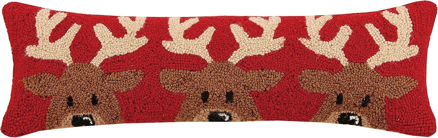 Peking Handicraft Santa Trio Hook in Reindeer Wool Lumbar Pillow, Multicolored