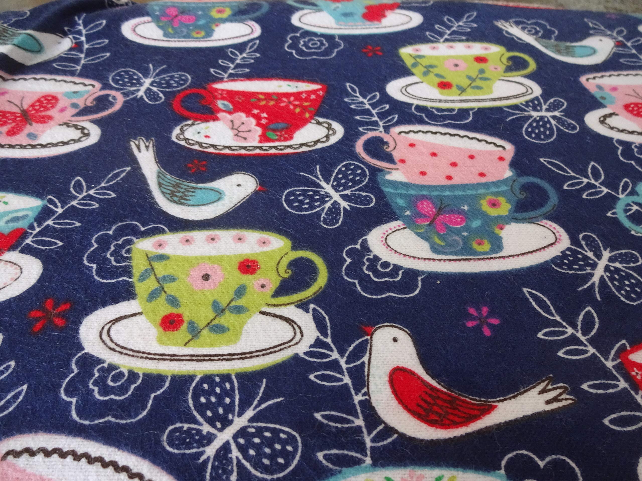 FANCY TEACUPS & BIRDS Handmade Cotton Flannel Pillowcase