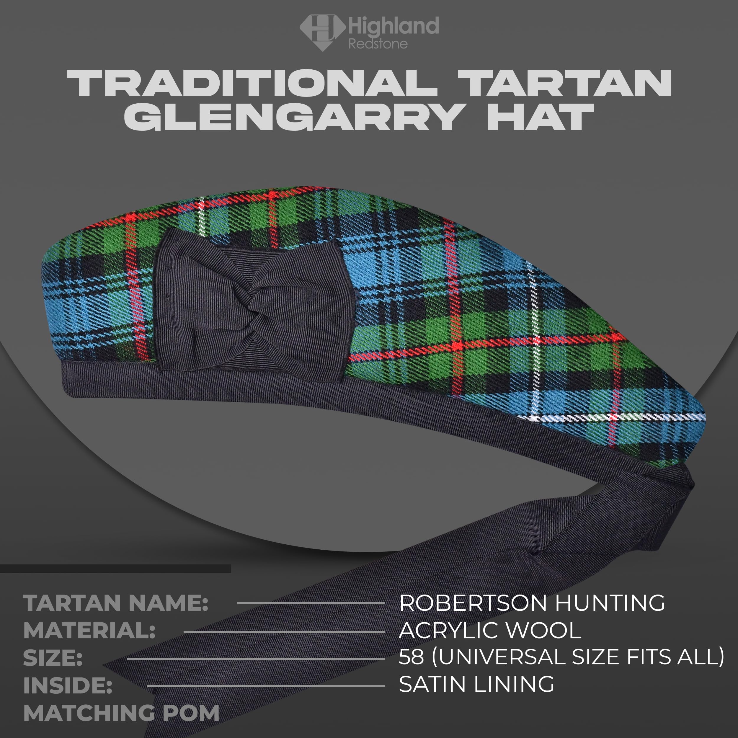 Glengarry Chapeau écossais traditionnel en laine acrylique Tartan Glengarry Accessoires pour kilts/cornemuse