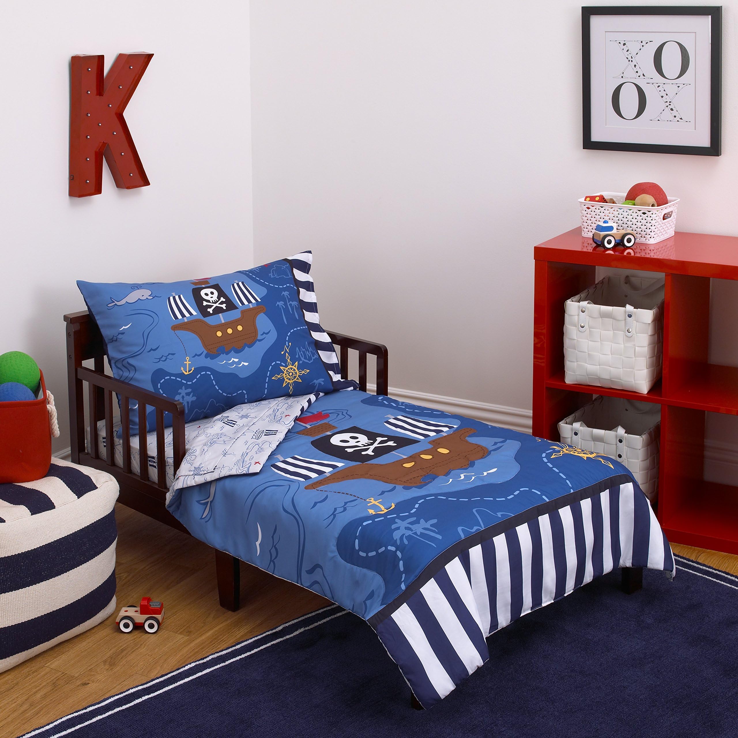 Little Tikes 4 Piece Pirates Toddler Bedding Set, Blue/Red/Black, 52"x28"