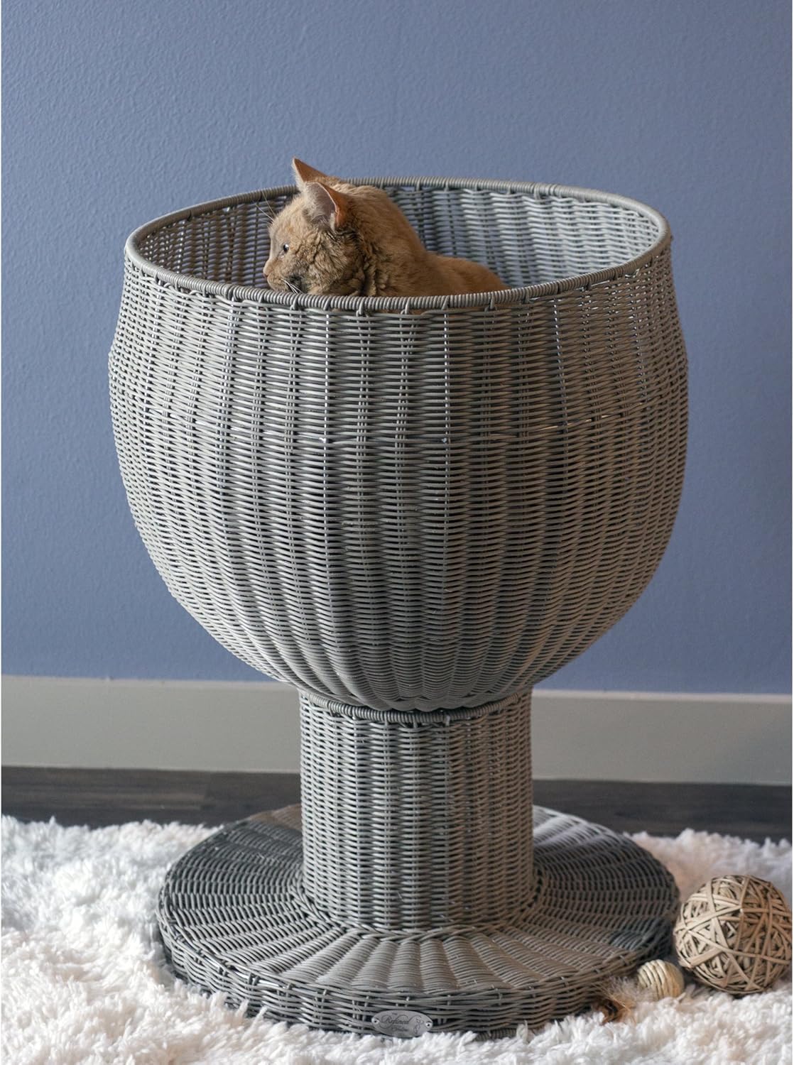 The Refined Feline Kitty Ball Cat Bed Cave for Indoor Cats in Smoke, Claw-Proof Faux Rattan Cat Furniture, Easy to Clean Elevated Cat Bed with Washable & Replaceable Covered Cushion