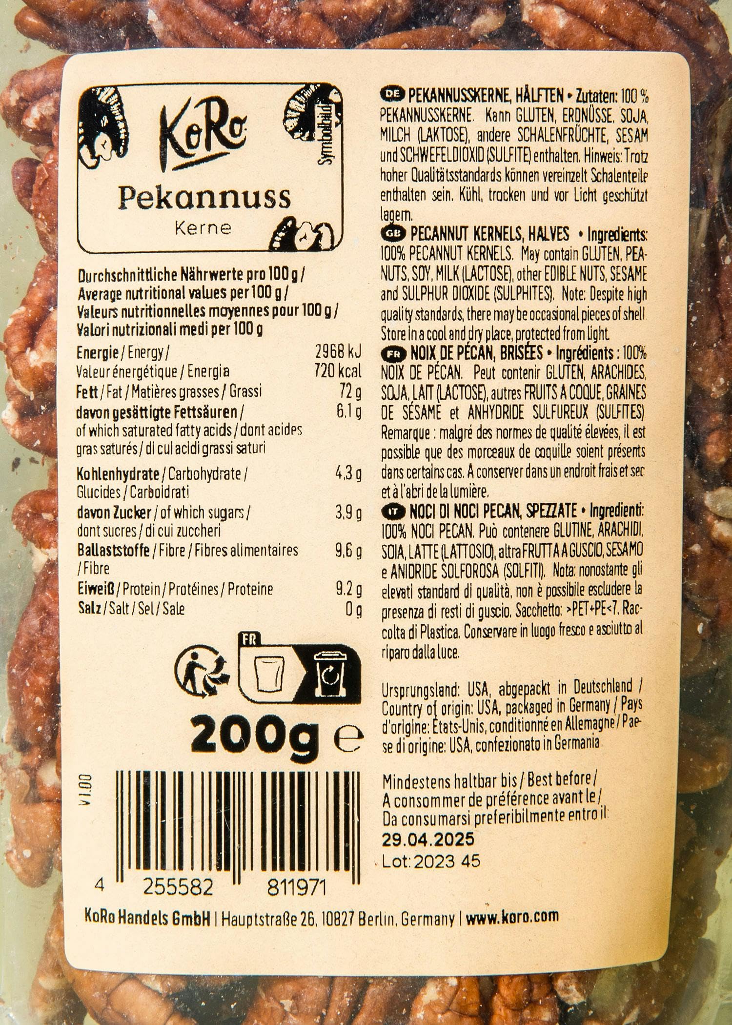 KoRo - Noci pecan formato prova 200 g - Formato di prova - Ideale come snack o in ricette