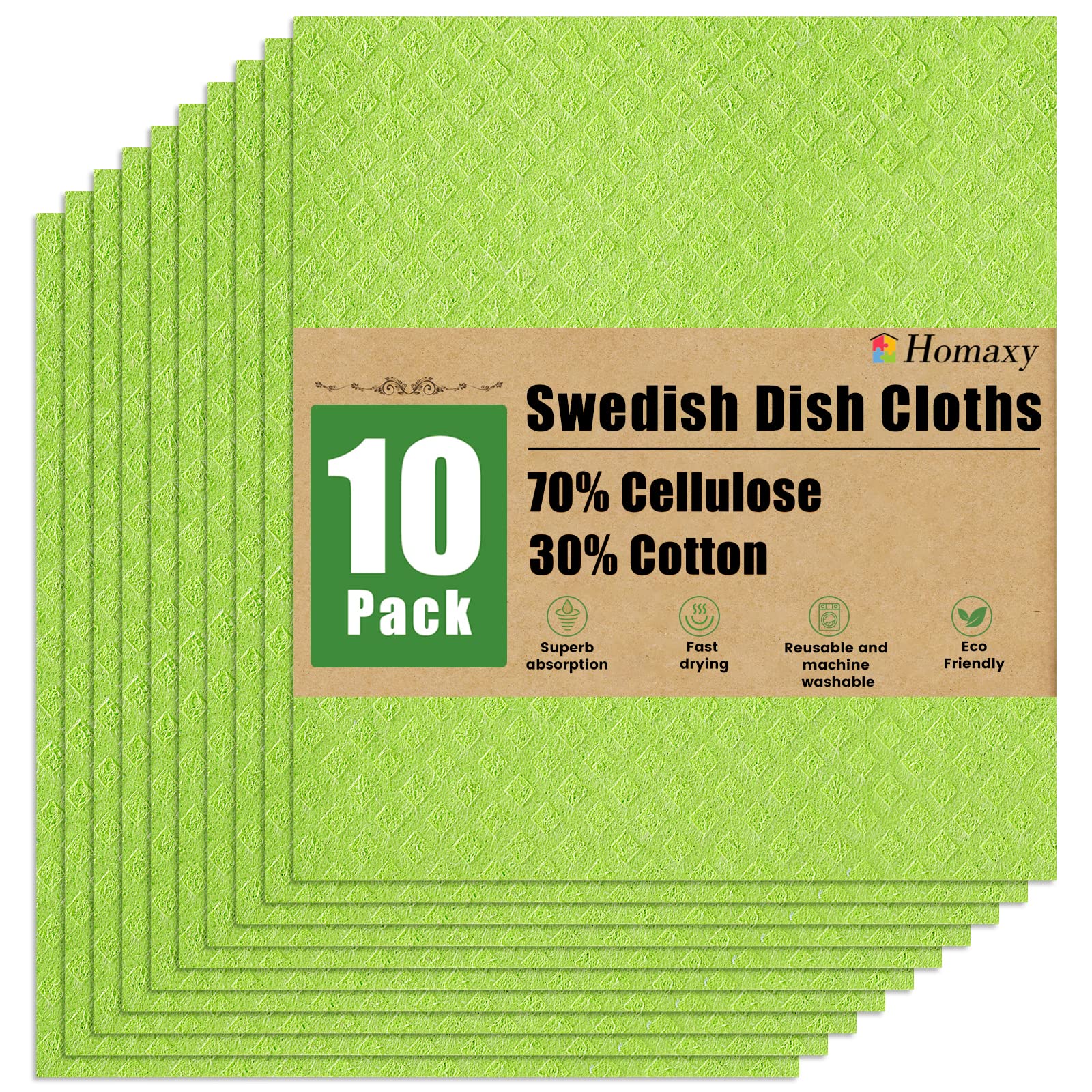 Homaxy Swedish Dishcloths for Kitchen, 10 Pack Reusable and Washable Cellulose Sponge Cloths Dish Towels, Absorbent and No Odor Paper Towels for Dishes ＆ Counters, Lime Green