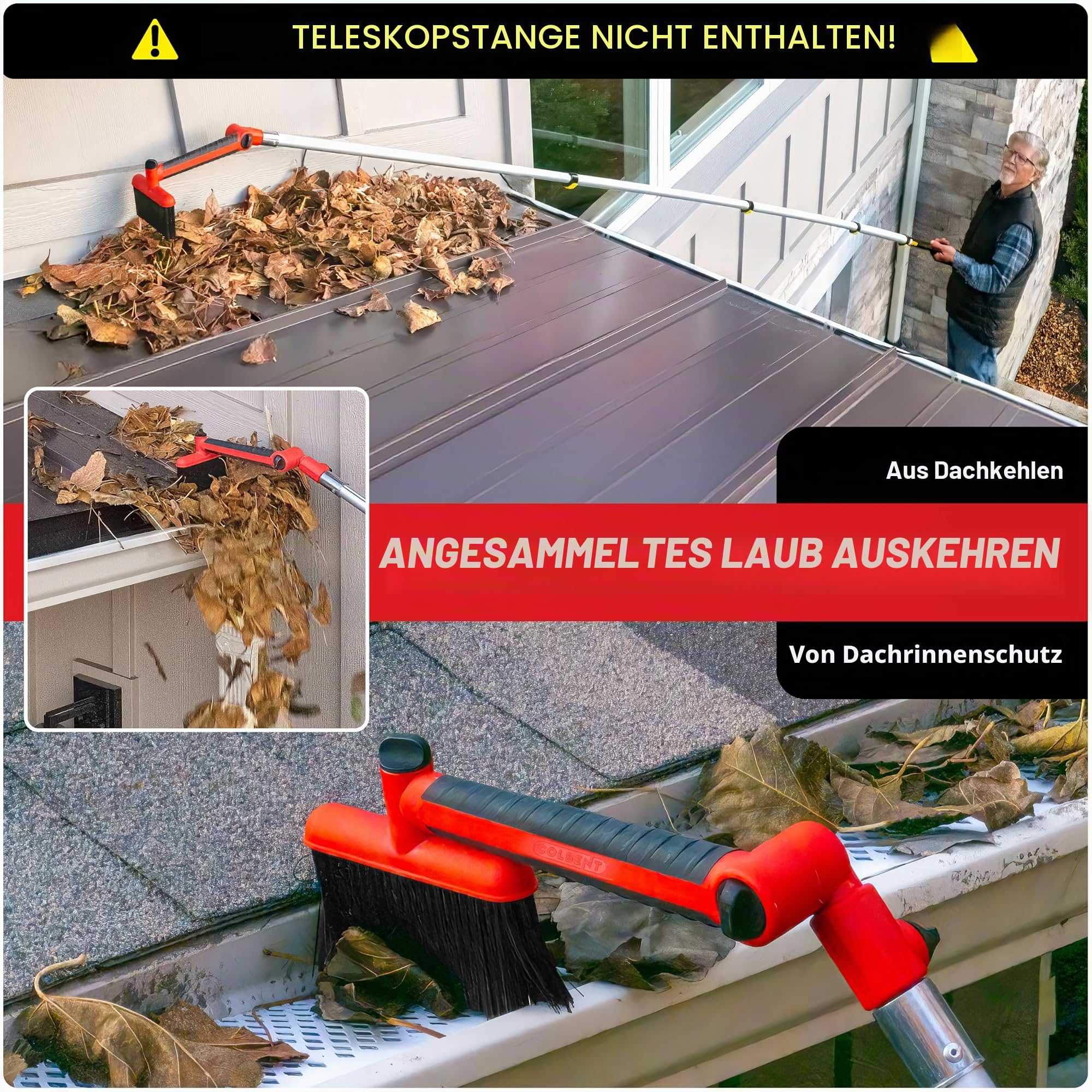 Mehrwinkel-Dachrinnenreiniger für die Reinigung vom Boden – Aufsatz für Gewindestangen mit Dachrinnenschaufel & Bürste zur Reinigung von Regenrinnen & zum Entfernen von Laub aus Dachrinnenschutz