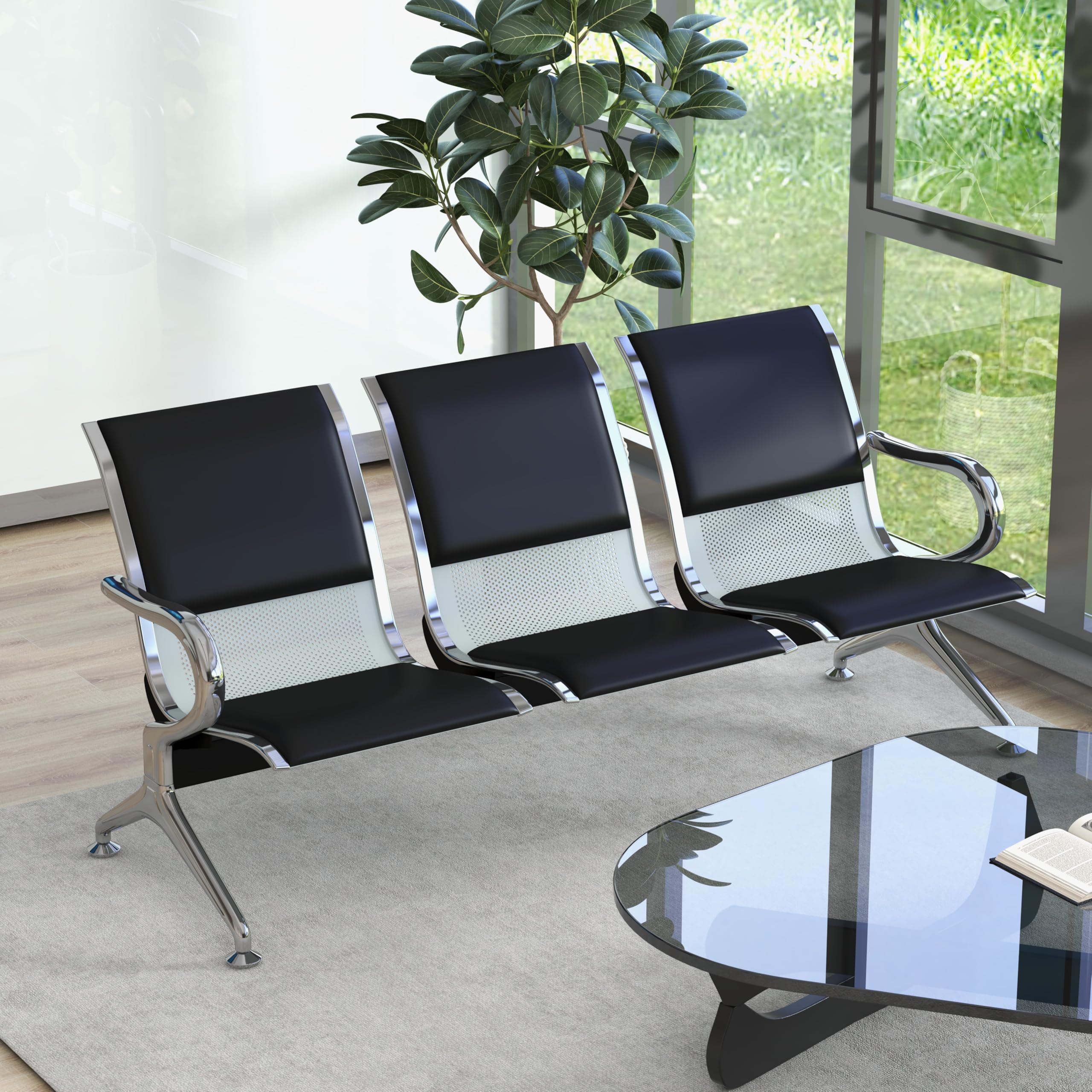 Kinsuite 3-Seat Waiting Room Bench - PU Leather Waiting Room Chairs with Arms & Non-Slip Foot Mats, Reception Chairs Guest Chair for Office Airport Bank Salon, Black (incomplete one box only)