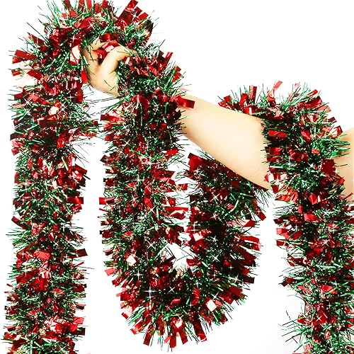 Miniatura 1 de Guirnalda metálica de oropel de 50 pies, decoraciones colgantes para árbol de Navidad (rojo y verde)