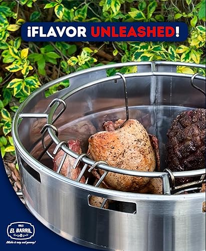 Miniatura 5 de El Barril Lite - Parrilla ahumadora de barril mediano, acero inoxidable 430, capacidad de 30 libras, 12 ganchos de carne, parrilla superior y