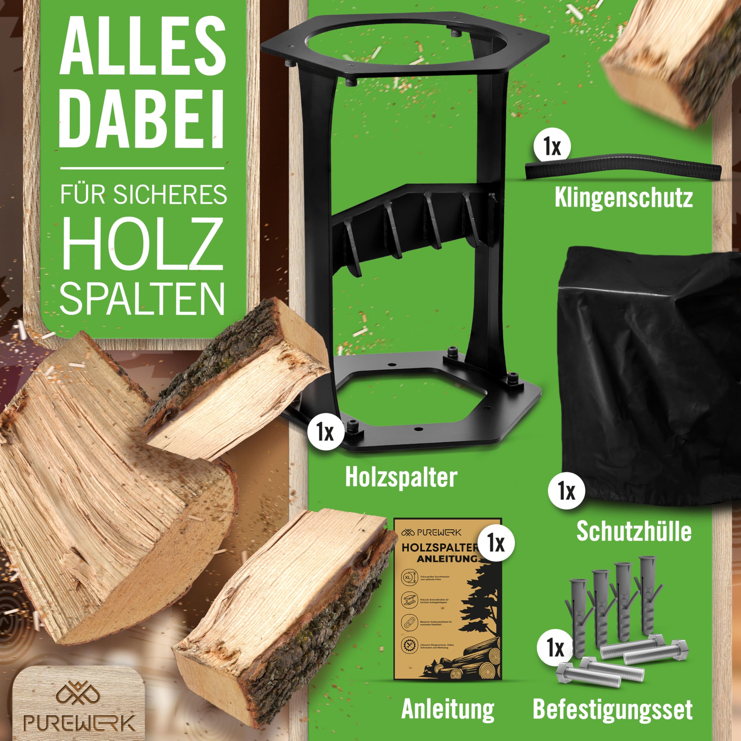 Holzspalter manuell [Ø 22 cm] - robuster Holz-Spalter für Anzündholz aus Kohlenstoffstahl mit extra-großem Durchmesser - inkl. Klingenschutz, Tasche & Zubehör zur Boden-Montage