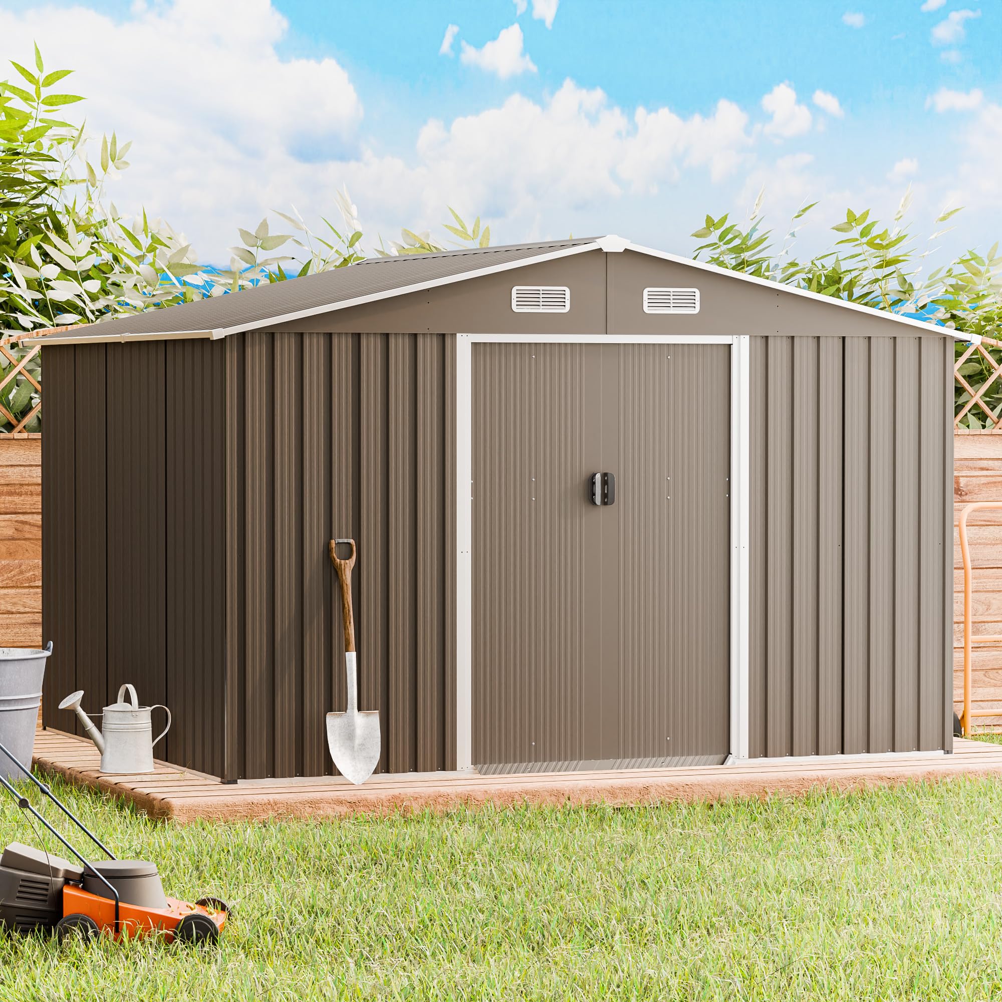 10'x8' Outdoor Storage Shed Metal Galvanized Tool Shed with Vents & Lockable Sliding Door,Waterproof Backyard Shed for Patio,Lawn,Garden to Store Bikes,Tools,Brown. Box 2 of 4 ONLY 