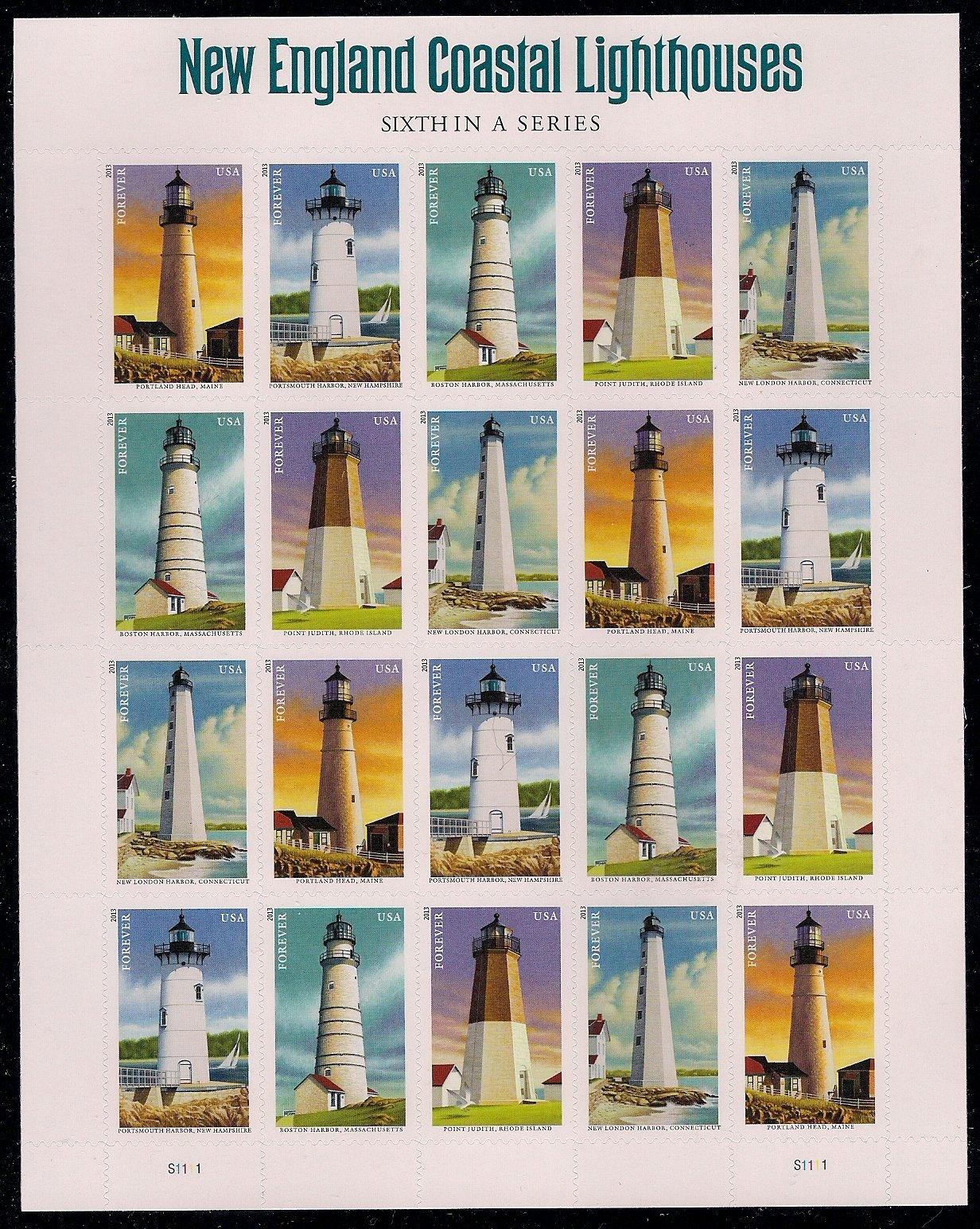 New England Coastal Lighthouses, Sixth in a Series (Sheet of 20) First-Class Mail Forever Postage Stamps 2014 Scott 4795