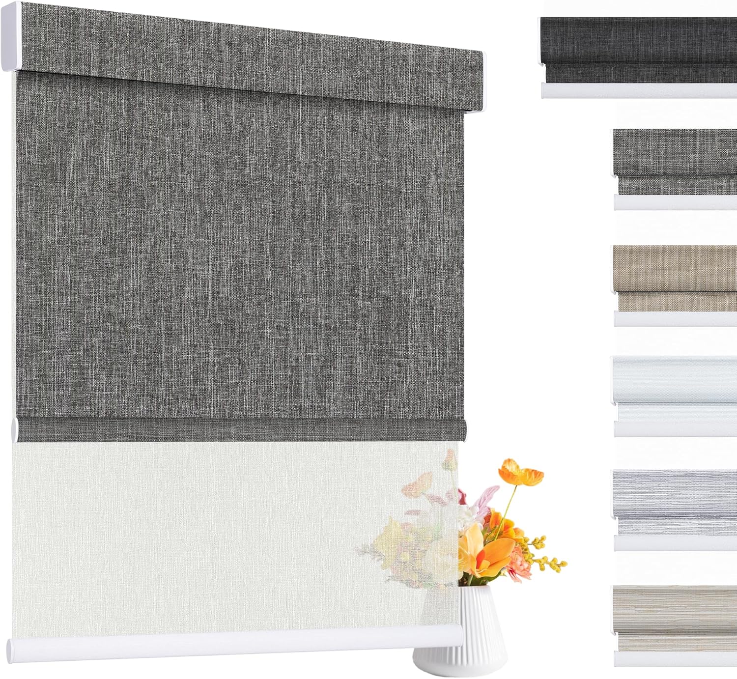 Grandekor Dual Roller Shades, Day and Night Roller BlindsCordless Double Window Shades,Blackout and Light Filtering Shades with Valance,Roller Blinds for Home Office Door,Dark Gray and Beige 26"x46"
