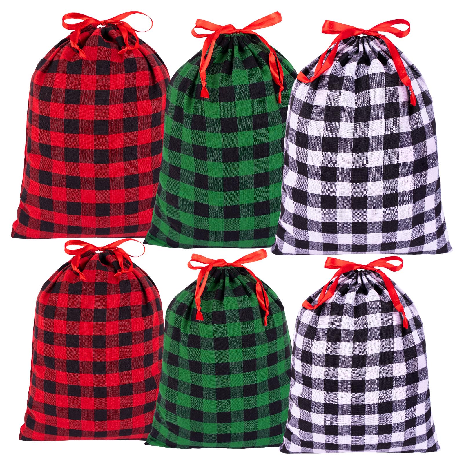 jijAcraft Christmas Cotton Gift Bags: 6Pcs Drawstring Xmas Gift Sacks with Plaid, 50x40CM & 40x30CM Large Christmas Bags, Reusable Fabric Xmas Sacks for Wrapping, Party Decoration