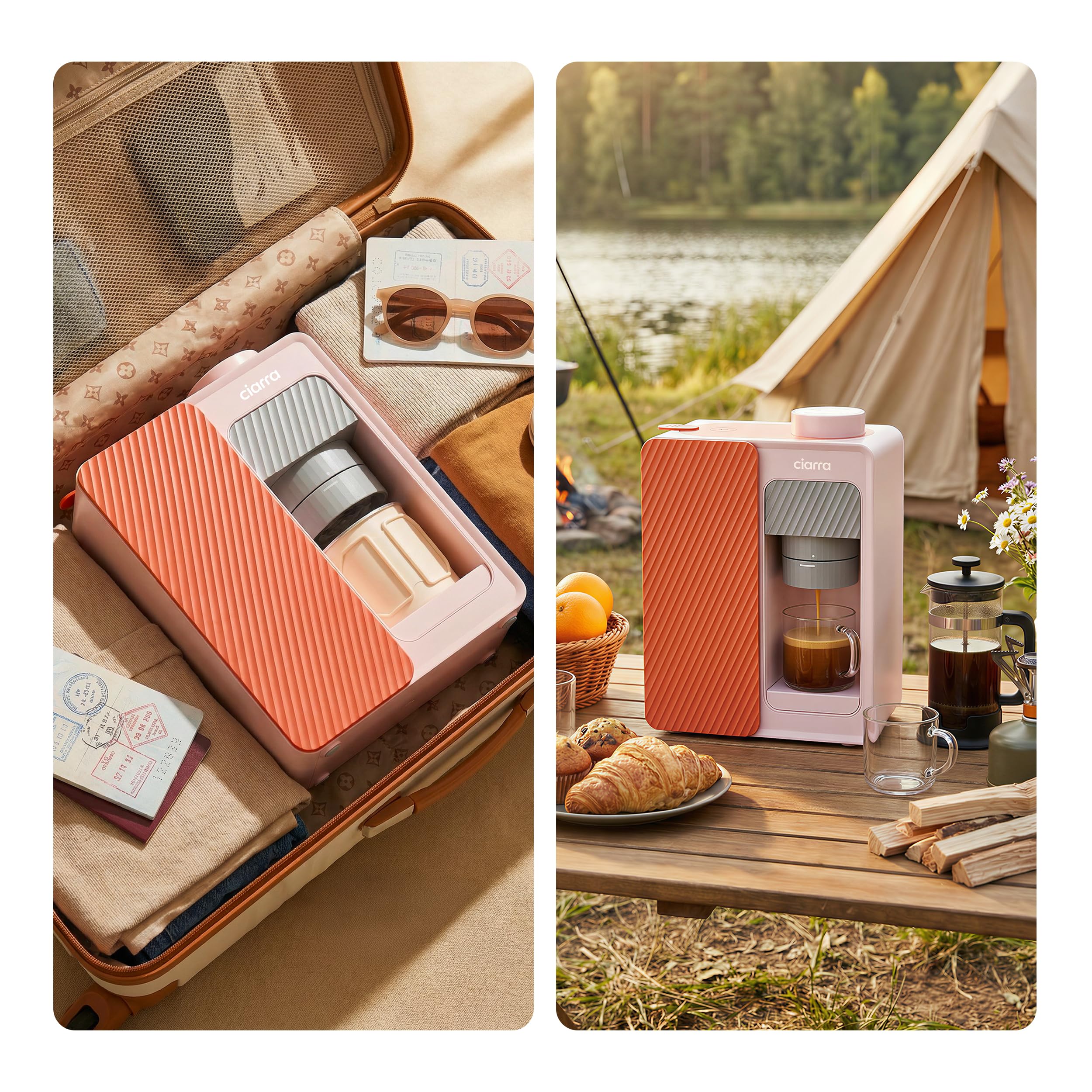 CIARRA BloomBox Cafetera Portátil Espresso de 15 bares Rosa | con Batería y Conexión a la Red Eléctrica, Máquina de Café Recargable Autocalentable para Acampadas y Viajes - CBPCM551-P