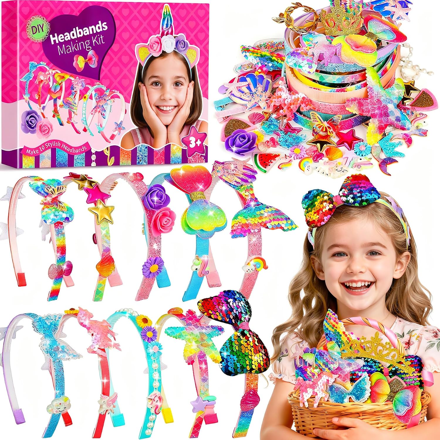 Pourbibi 10 Pezzi Kit per Realizzare Cerchietti per Bambine, Giocattoli per Età 3-8 Anni, Regali di Compleanno,Regalo Bambina 3 4 5 6 7 8 9 10 Anni