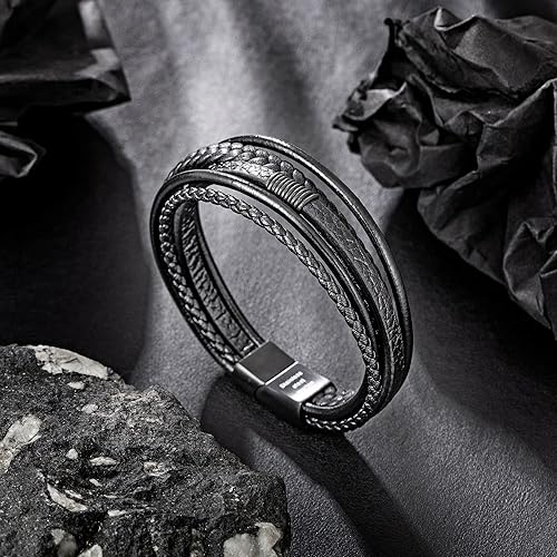 Miniatura 3 de Speroto Pulsera ajustable de cuero para hombre con cierre de acero inoxidable, multicapa trenzada de cuero genuino para hombres y mujeres