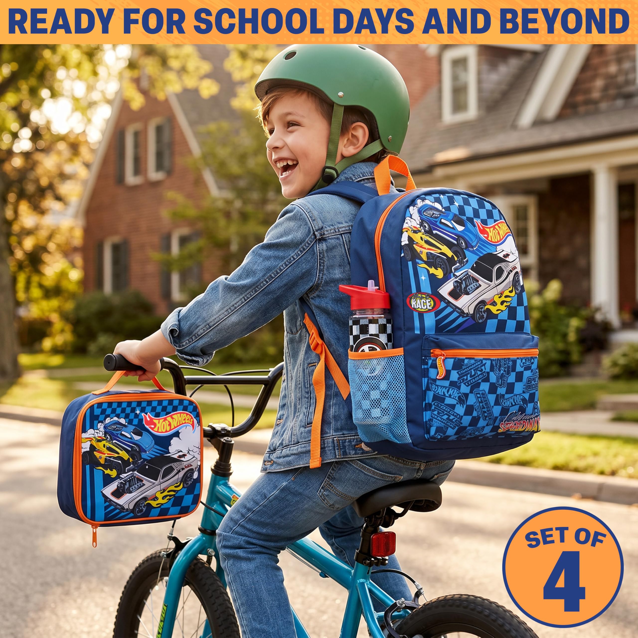 Get Trend Hot Wheels Sac a Dos Garcon Set, 4 Pcs Cartable Enfant Gourde 500 ML Sac Isotherme Repas Enfant et Trousse Scolaire (Multi Hot Wheels)