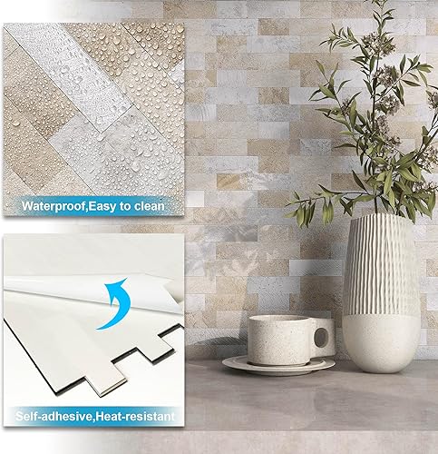 Miniatura 5 de BeNice Adhesivos para azulejos de cocina, ladrillo 3D mate, azulejos adhesivos de mosaico lineal para baño, ducha, pared, chimenea (5 unidades,