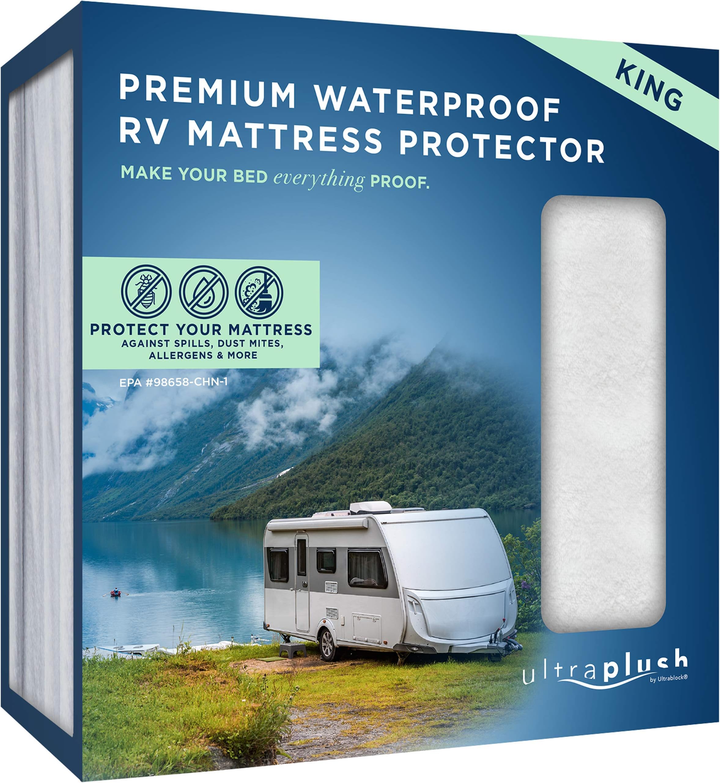 UltraBlock Ultra Plush Waterproof Mattress Protector (RV King) – Breathable, Vinyl Free, Noiseless Mattress Cover, Fitted Style with Deep Pockets (15-18"), RV Accessories for Travel Trailers