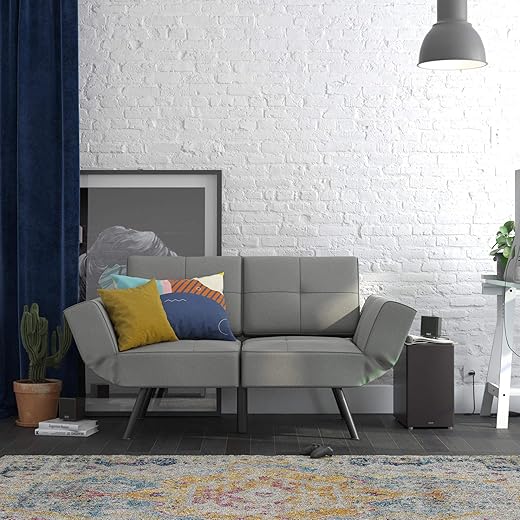 REALROOMS Euro Upholstered Tufted Loveseat Futon with Storage Pockets, Light Gray Linen