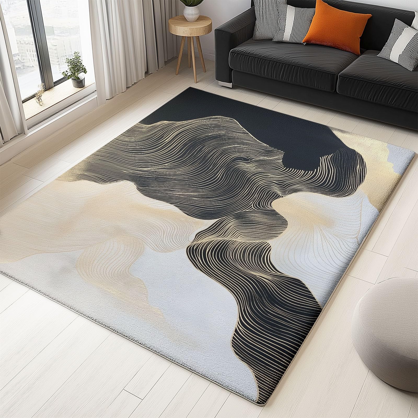 Alfombra 50 x 80 cm Alfombra Salón Pelo Corto Alfombras Antideslizantes y Lavables Abstracto Líneas Ondas Alfombras Habitacion Comedor Dormitorio Habitación Infantil Oficina Negro Dorado