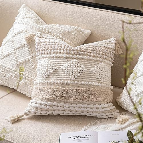 Miniatura 4 de BlissBlush Funda de almohada decorativa bohemia color blanco crema de 20 x 20 pulgadas, funda de almohada tejida bohemia, funda de almohada