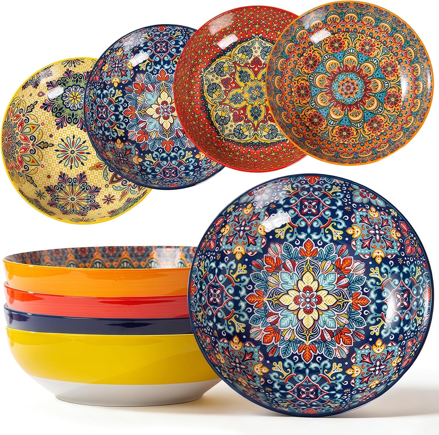 4-Piece Bohemian Style Ceramic Bowls - 10-inch baking dishes, 68 oz capacity, suitable for side dishes, condiments, soy sauce, etc. Safe for use in microwave and oven.